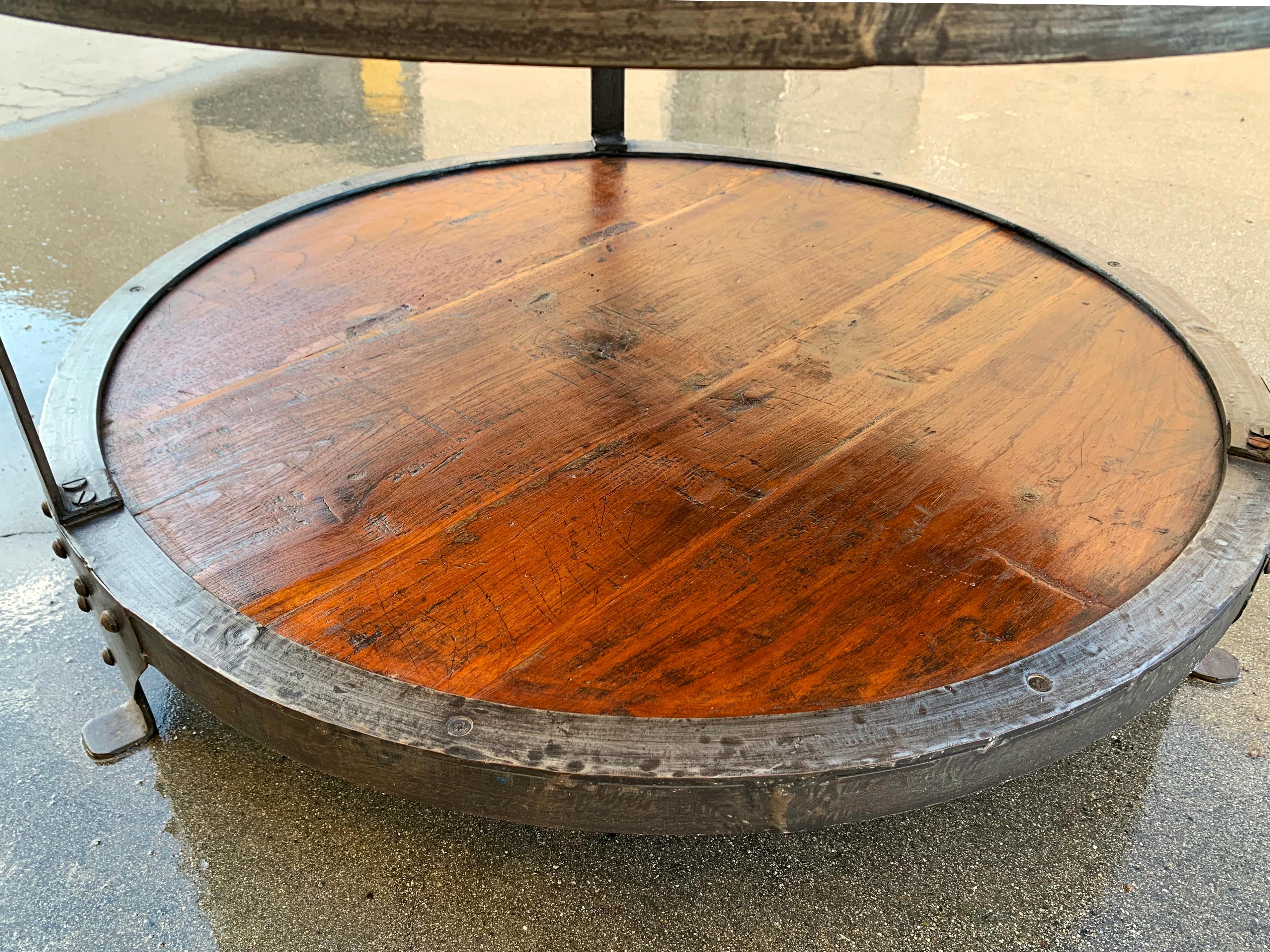 Steampunk Steel and Wood Round Side Table In Good Condition In Alhambra, CA