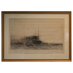 Steamship and Tugboats in New York Harbour, Signed Etching by Charles Dixon 1892