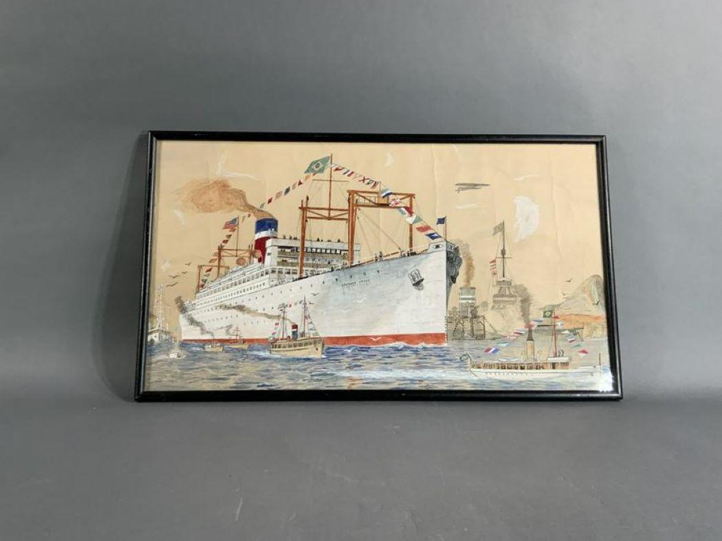 Peinture à la gouache du navire à vapeur Southern Cross, avec une pile rouge, blanche et bleue. Le navire navigue parmi un grand groupe de navires et de yachts, tous arborant des drapeaux et des fanions de célébration. Cadre simple en bois. Mesures