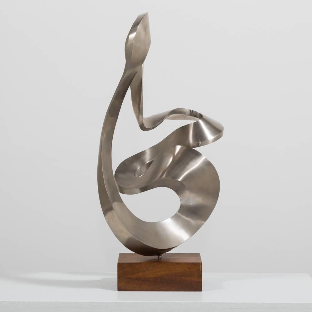 Central American Steel Abstract Sculpture on Wooden Base, USA, 1970s