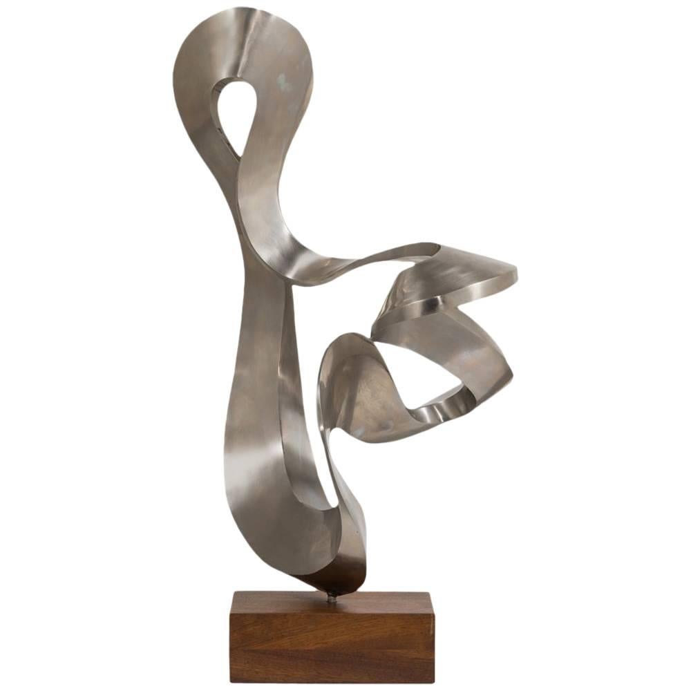 Steel Abstract Sculpture on Wooden Base, USA, 1970s