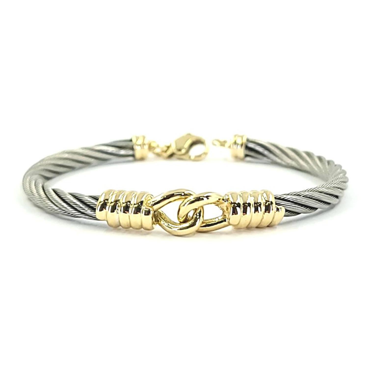 Steel and 18 Karat Yellow Gold Cable Bracelet In Good Condition For Sale In Coral Gables, FL