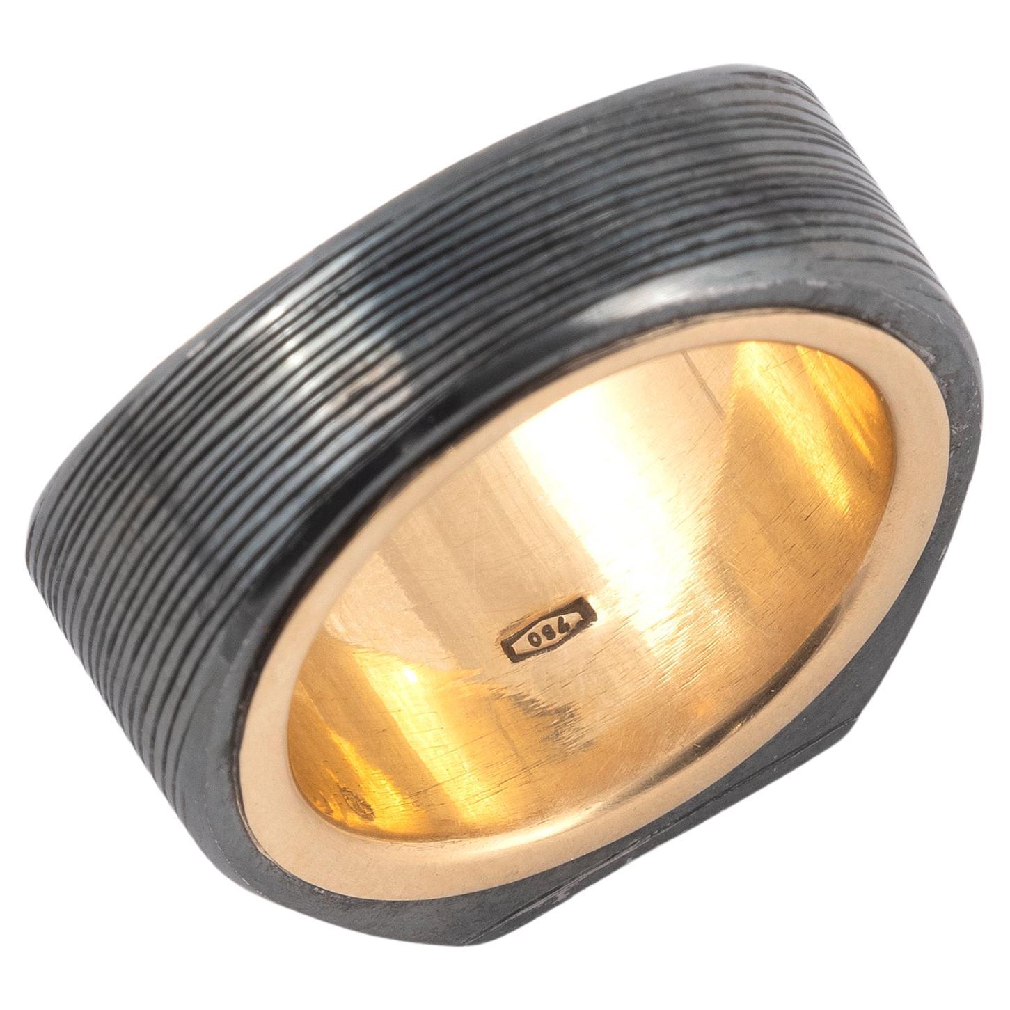 Retro Steel & 18 Karat Yellow Gold Signet Men's Ring Circa 1970