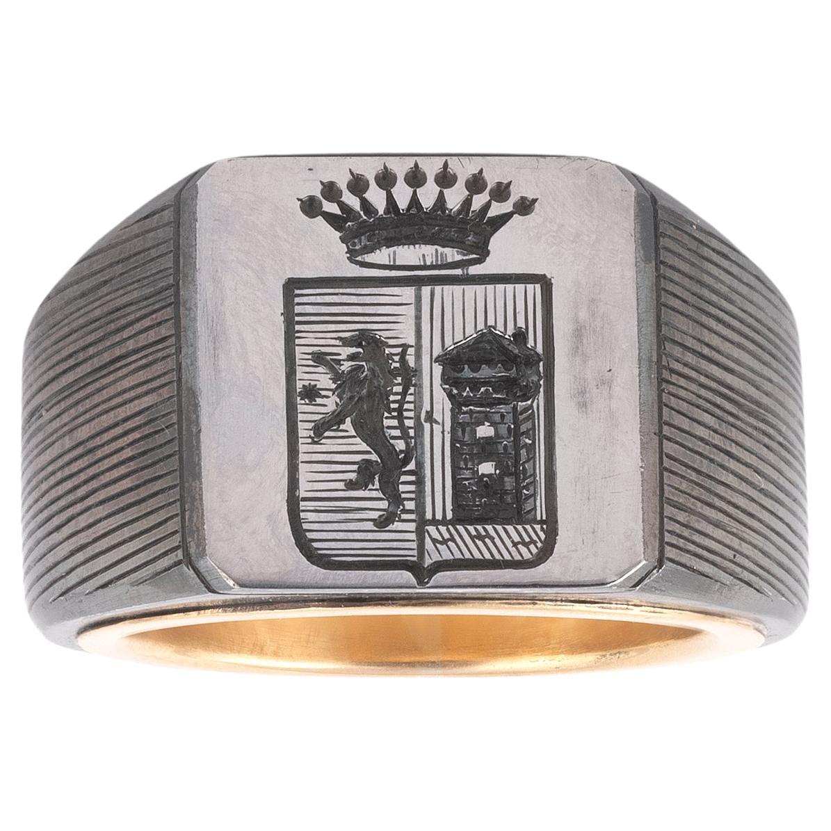 Steel & 18 Karat Yellow Gold Signet Men's Ring Circa 1970
