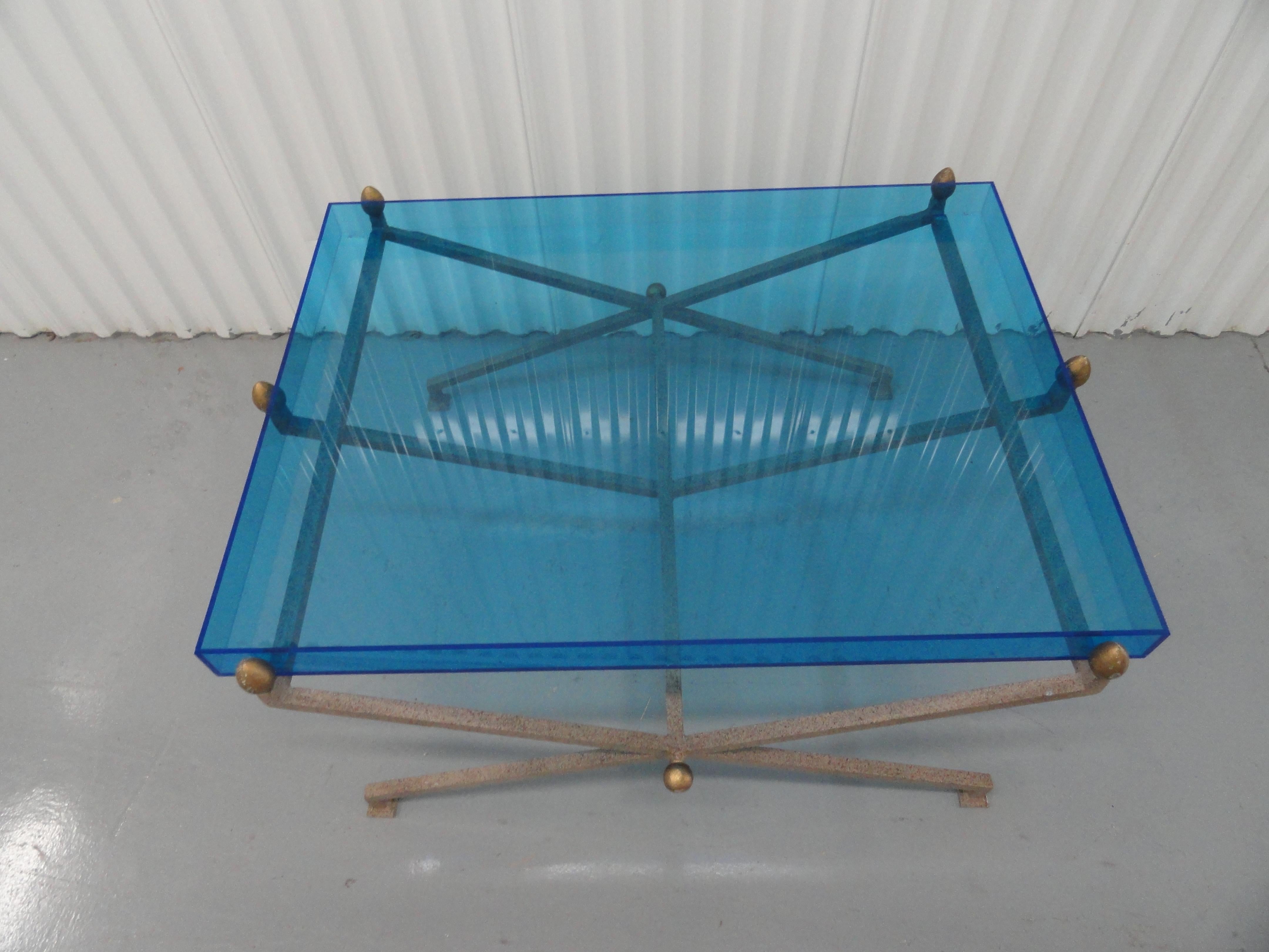 American Steel and Blue Perspex Coffee Table For Sale