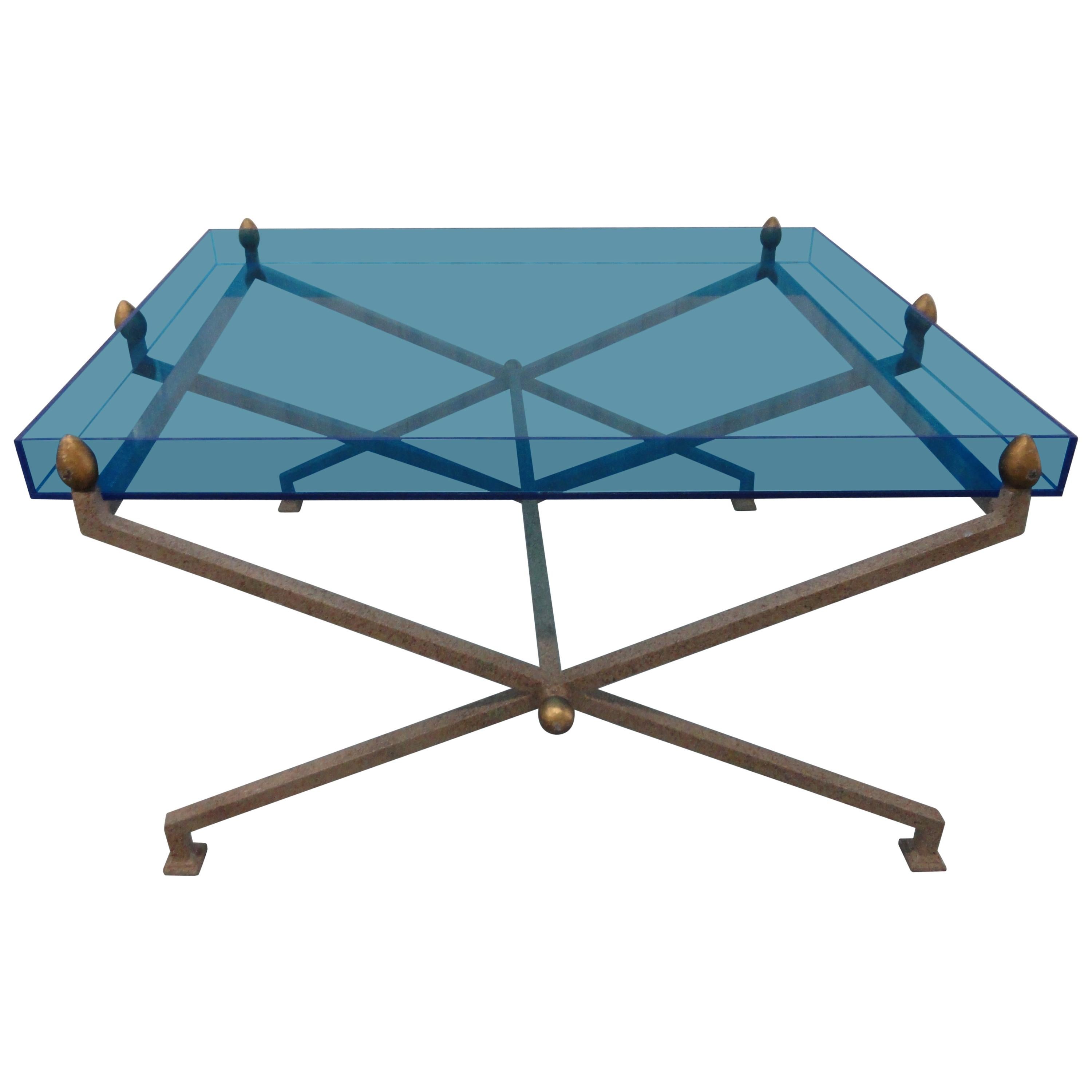 Steel and Blue Perspex Coffee Table For Sale