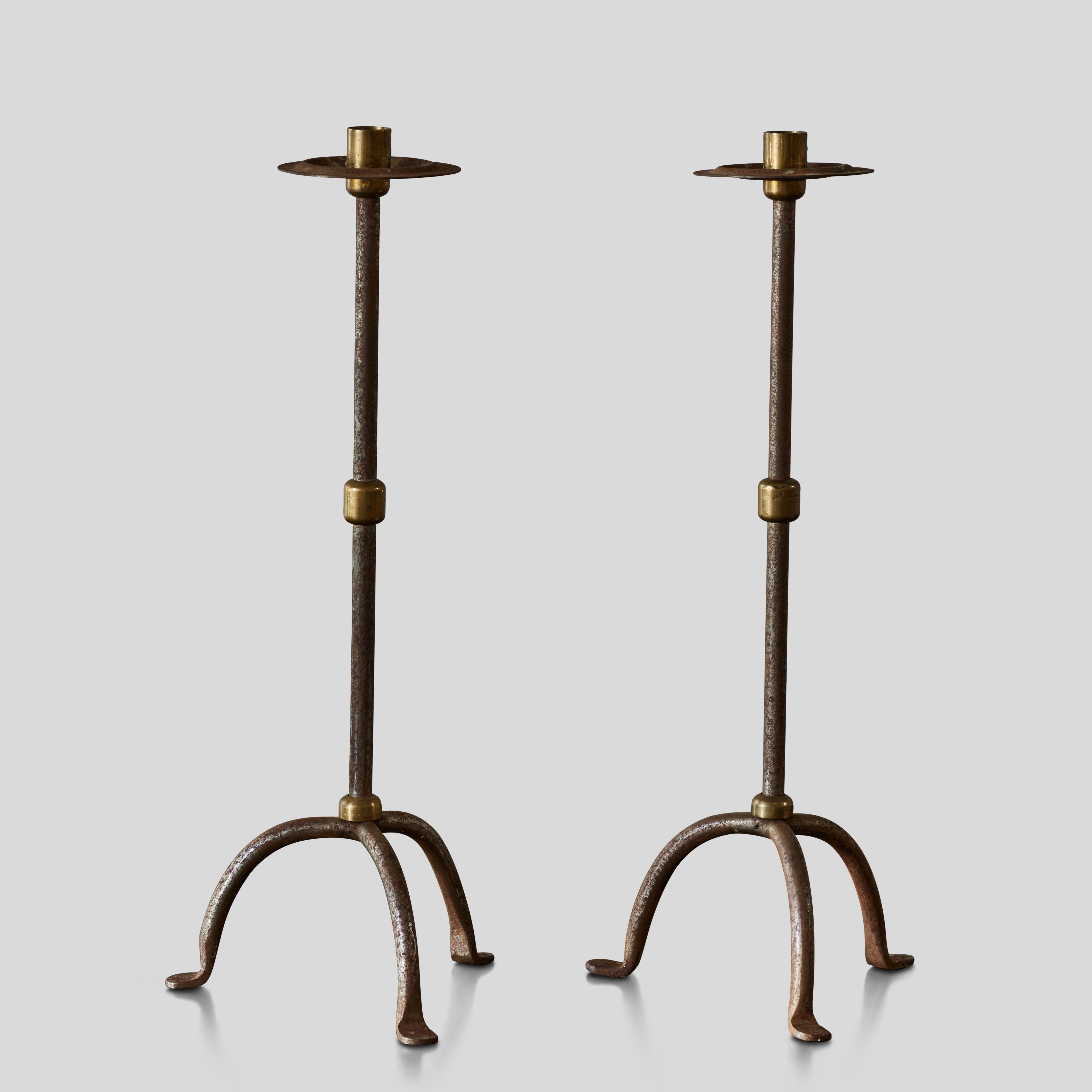 Steel and Brass Arts & Crafts Candlesticks In Good Condition For Sale In Los Angeles, CA