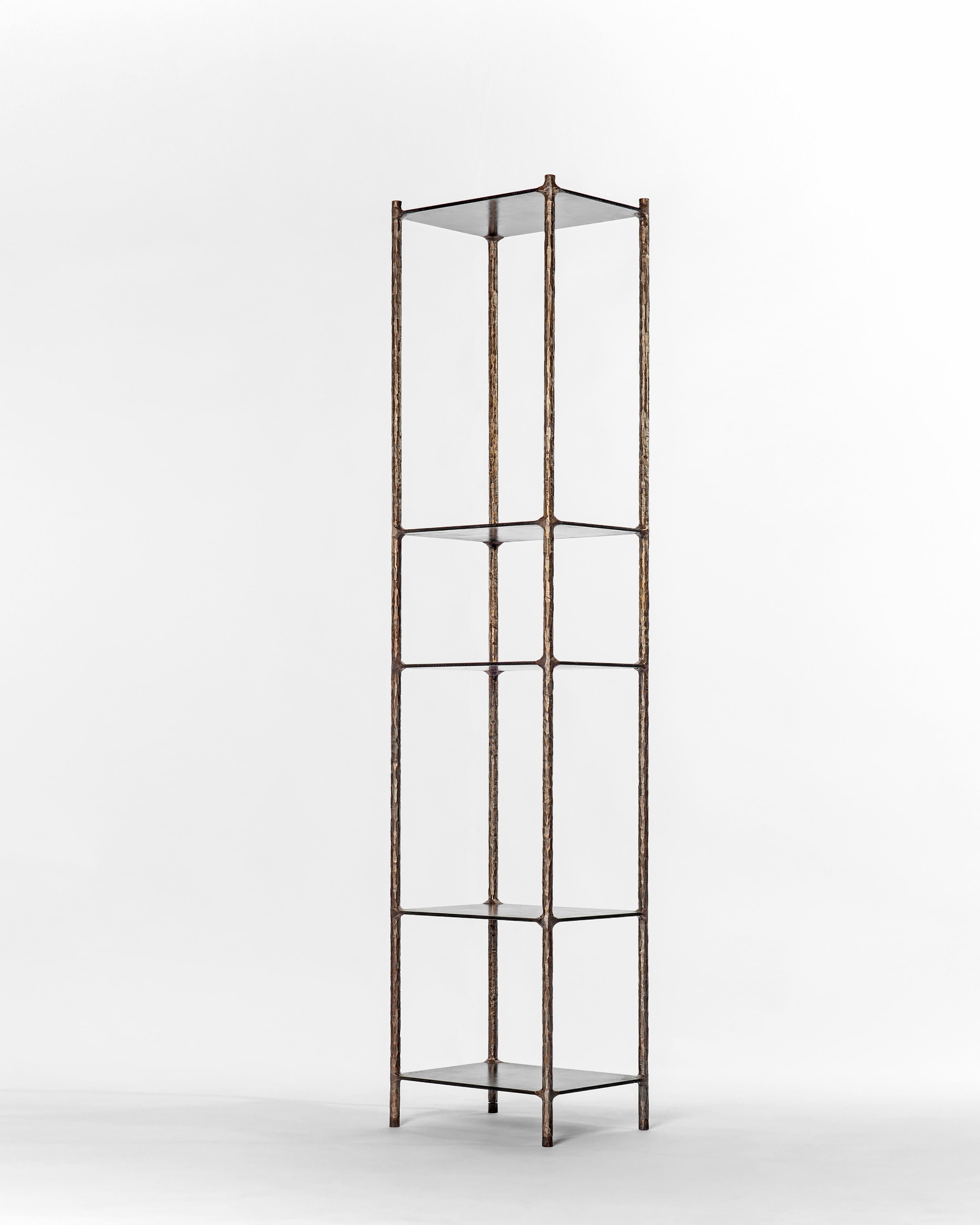 Steel and Brass Bookshelves by Lukasz Friedrich.
Signed and dated.
Measures: D 33 x W 43 x H 191 cm.
Finish: Patinated solid brass, blackened steel shelves.