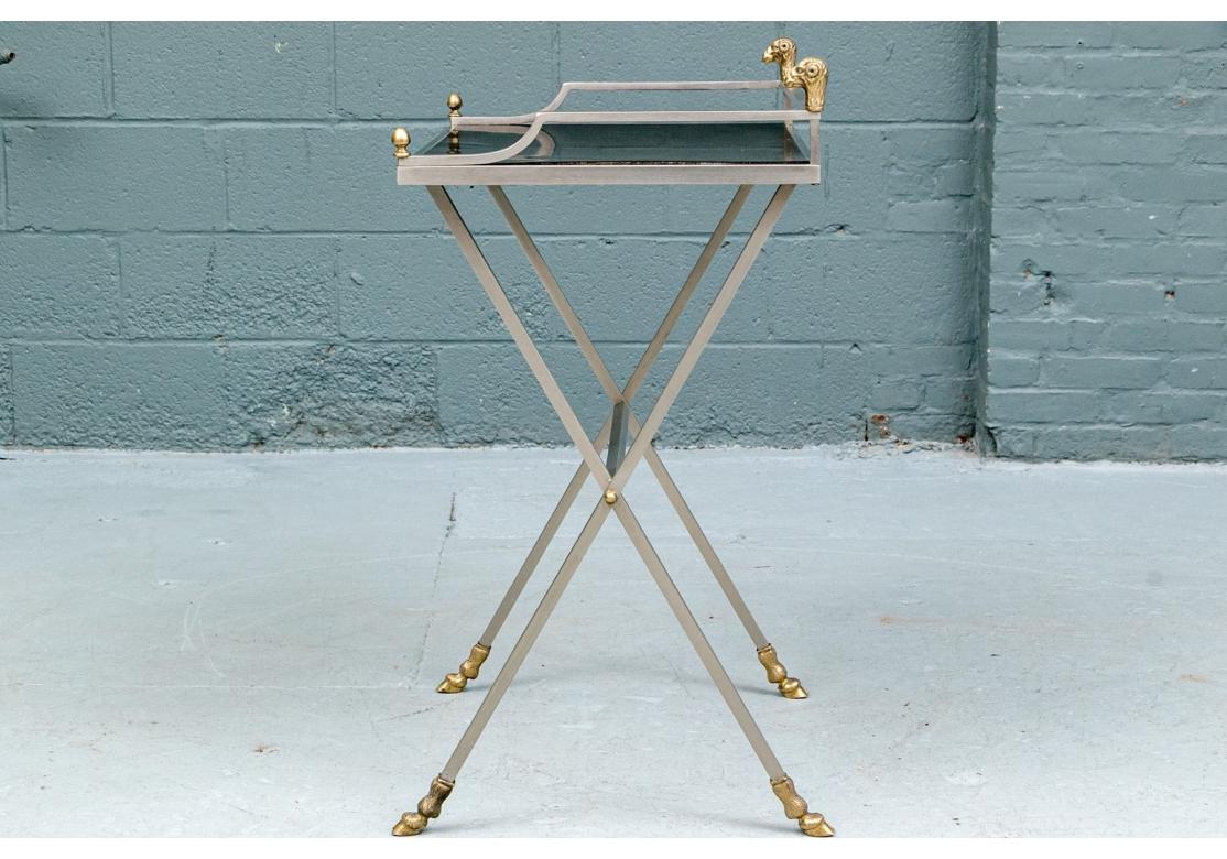 20ième siècle Steel And Brass Campaign Style Tray Table With Rams Heads en vente