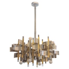Steel and Brass Chandelier Italian Production of the 70 Made by Gaetano Sciolari