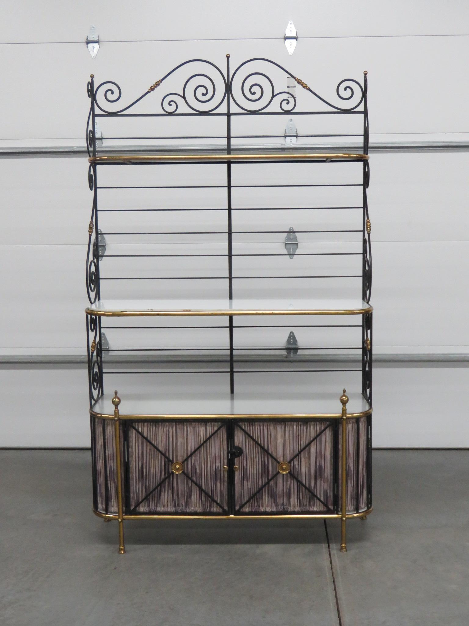 French Regency style bakers rack with 3 milk glass shelves over 2 doors with 1 milk glass shelf and a milk glass base.