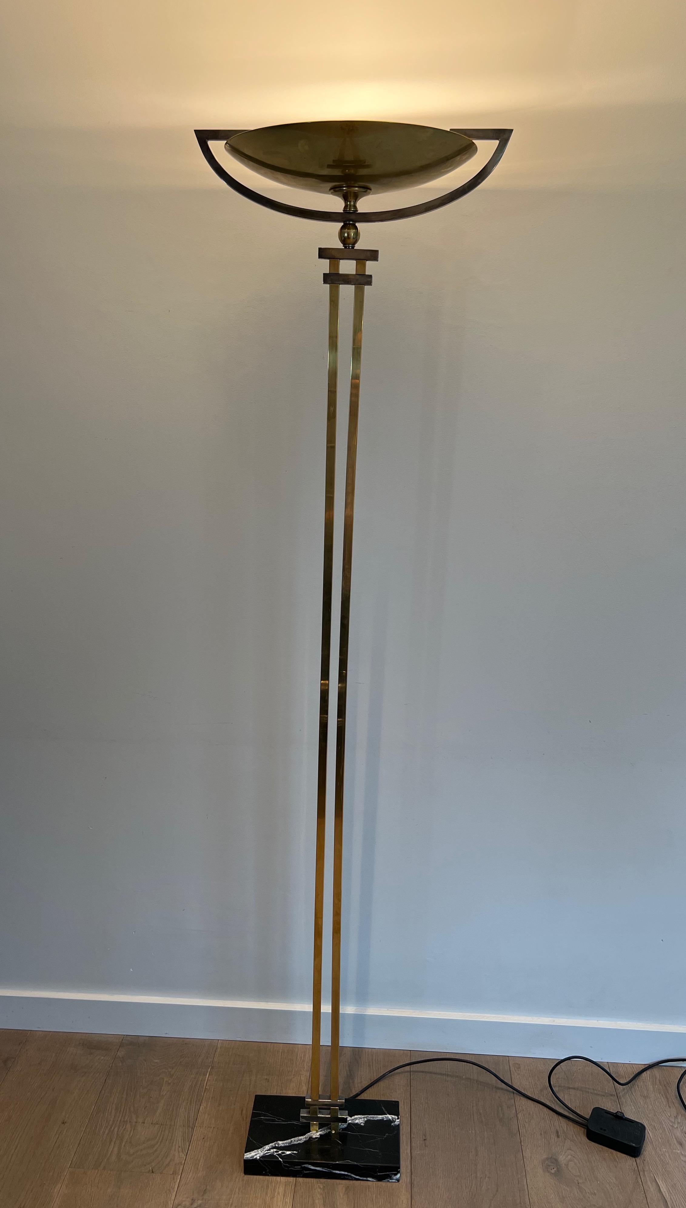 Steel and Brass Floor Lamp on a Black Marble Base, in the Style of Jean Perzel For Sale 6