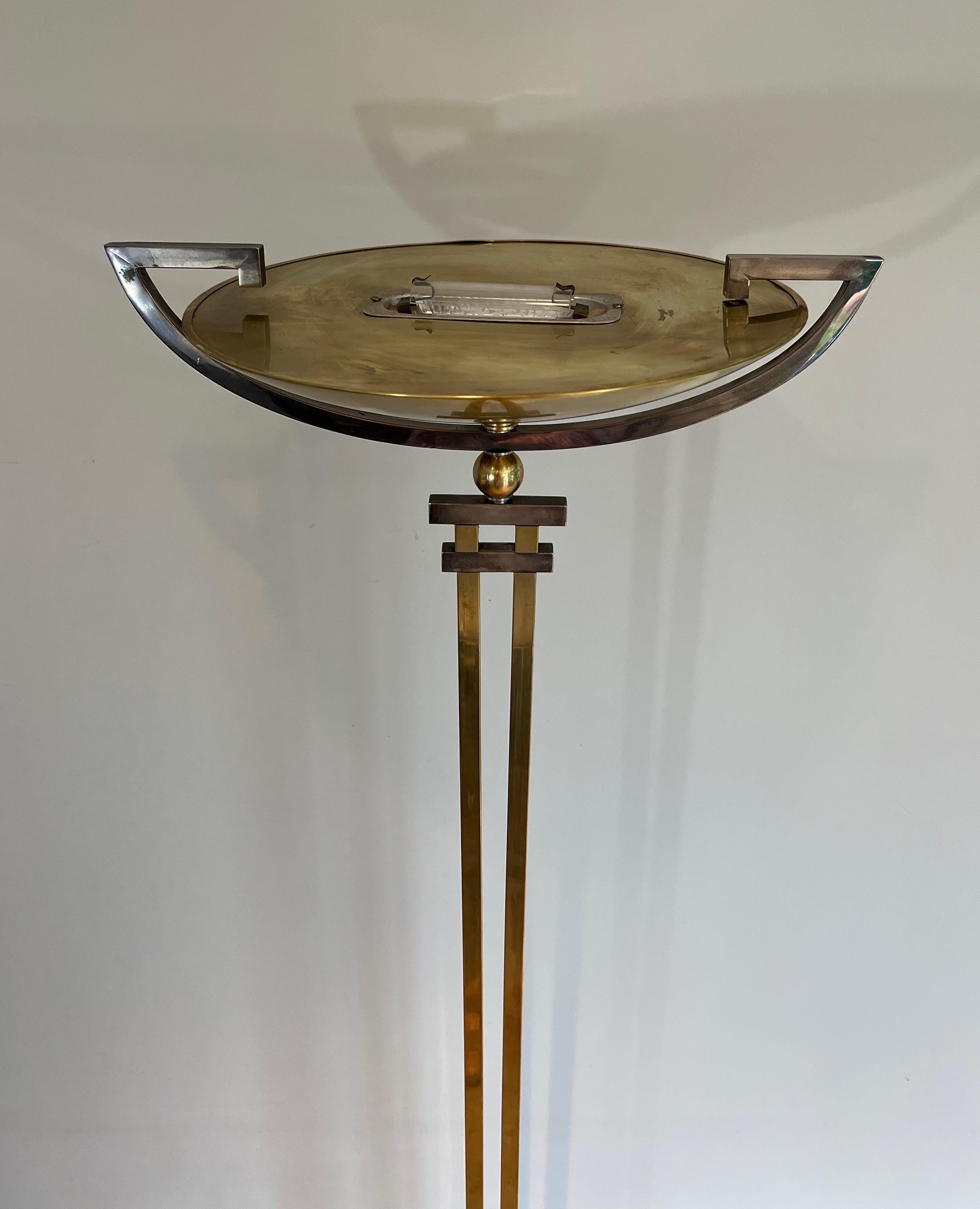 Steel and Brass Floor Lamp on a Black Marble Base, in the Style of Jean Perzel For Sale 11