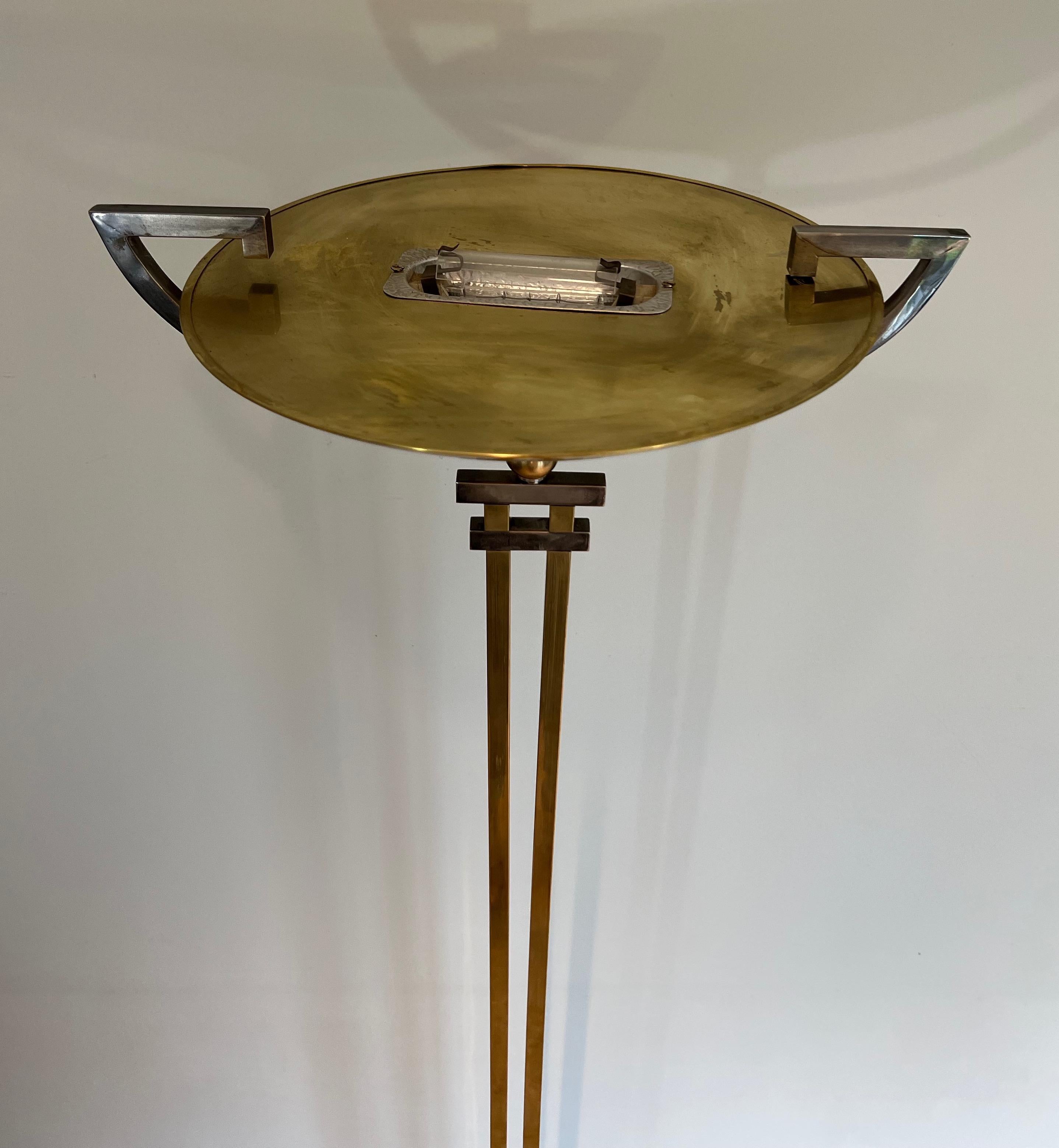 Steel and Brass Floor Lamp on a Black Marble Base, in the Style of Jean Perzel For Sale 12