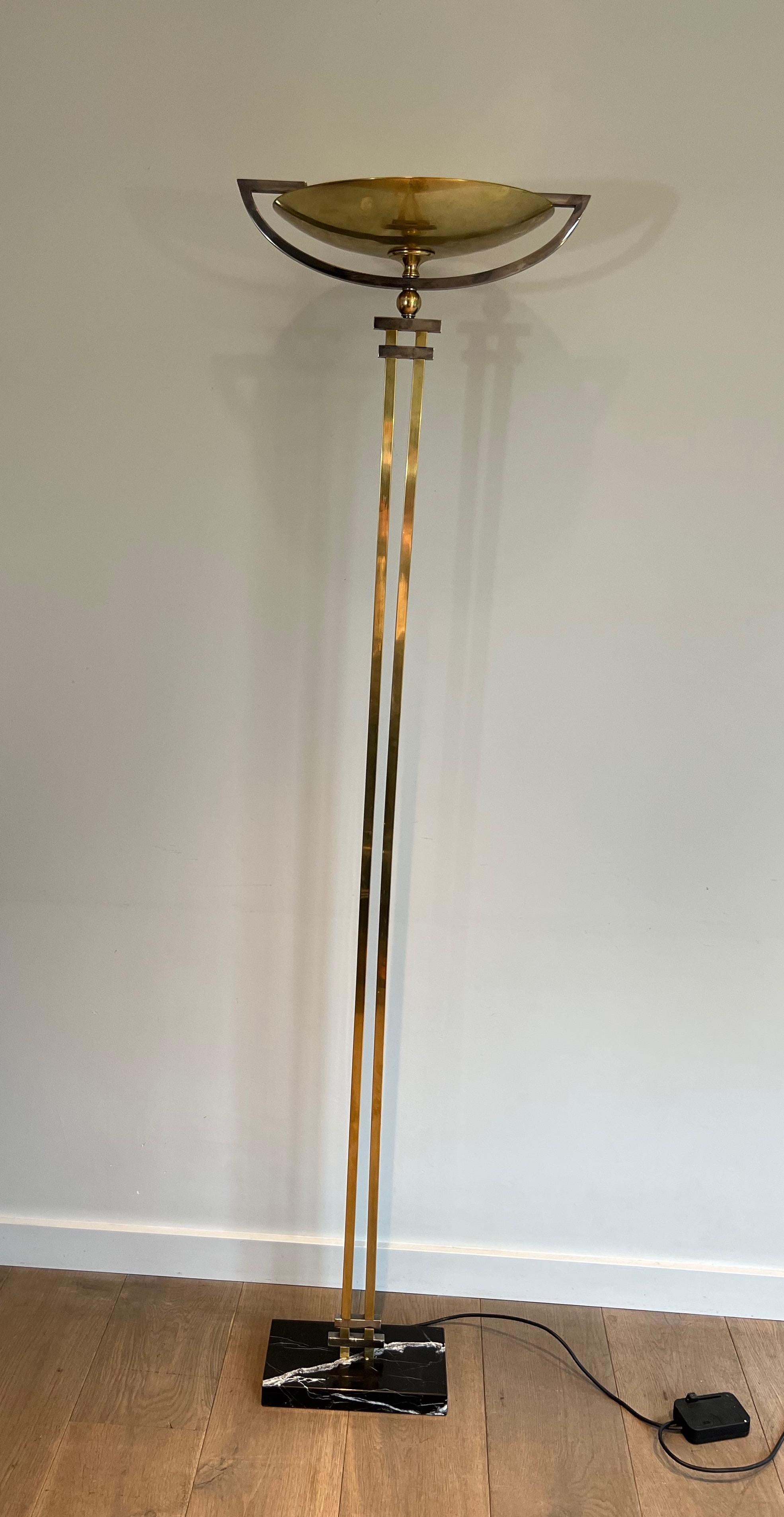 Steel and Brass Floor Lamp on a Black Marble Base, in the Style of Jean Perzel For Sale 13