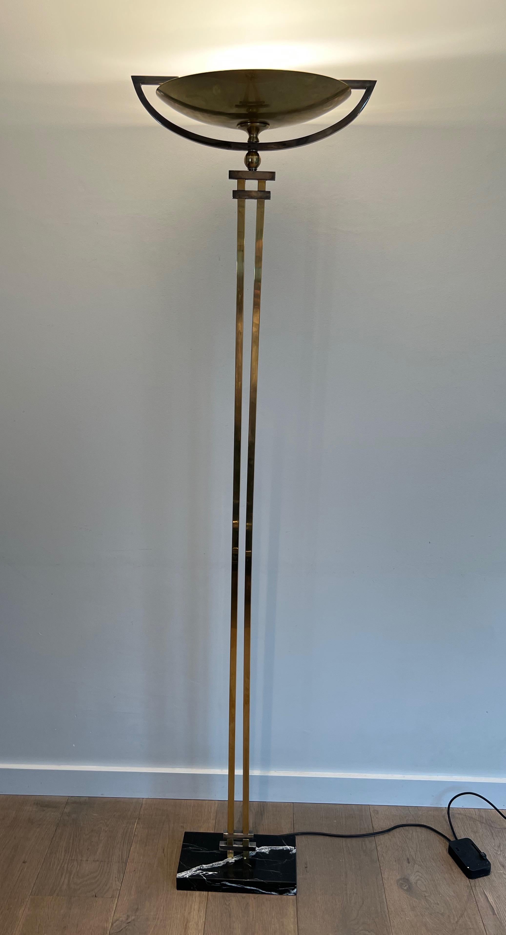Steel and Brass Floor Lamp on a Black Marble Base, in the Style of Jean Perzel For Sale 14