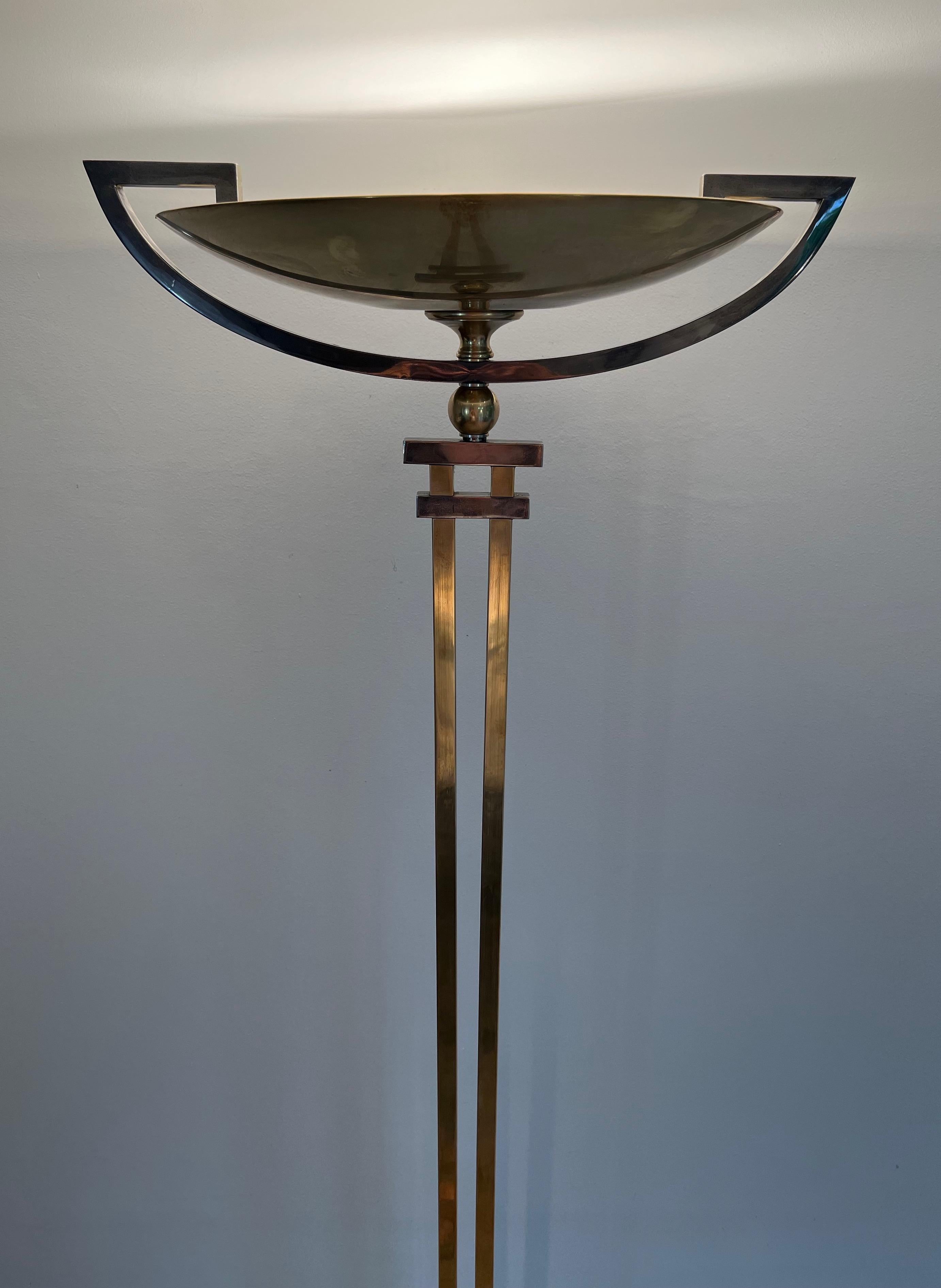 Mid-Century Modern Steel and Brass Floor Lamp on a Black Marble Base, in the Style of Jean Perzel For Sale
