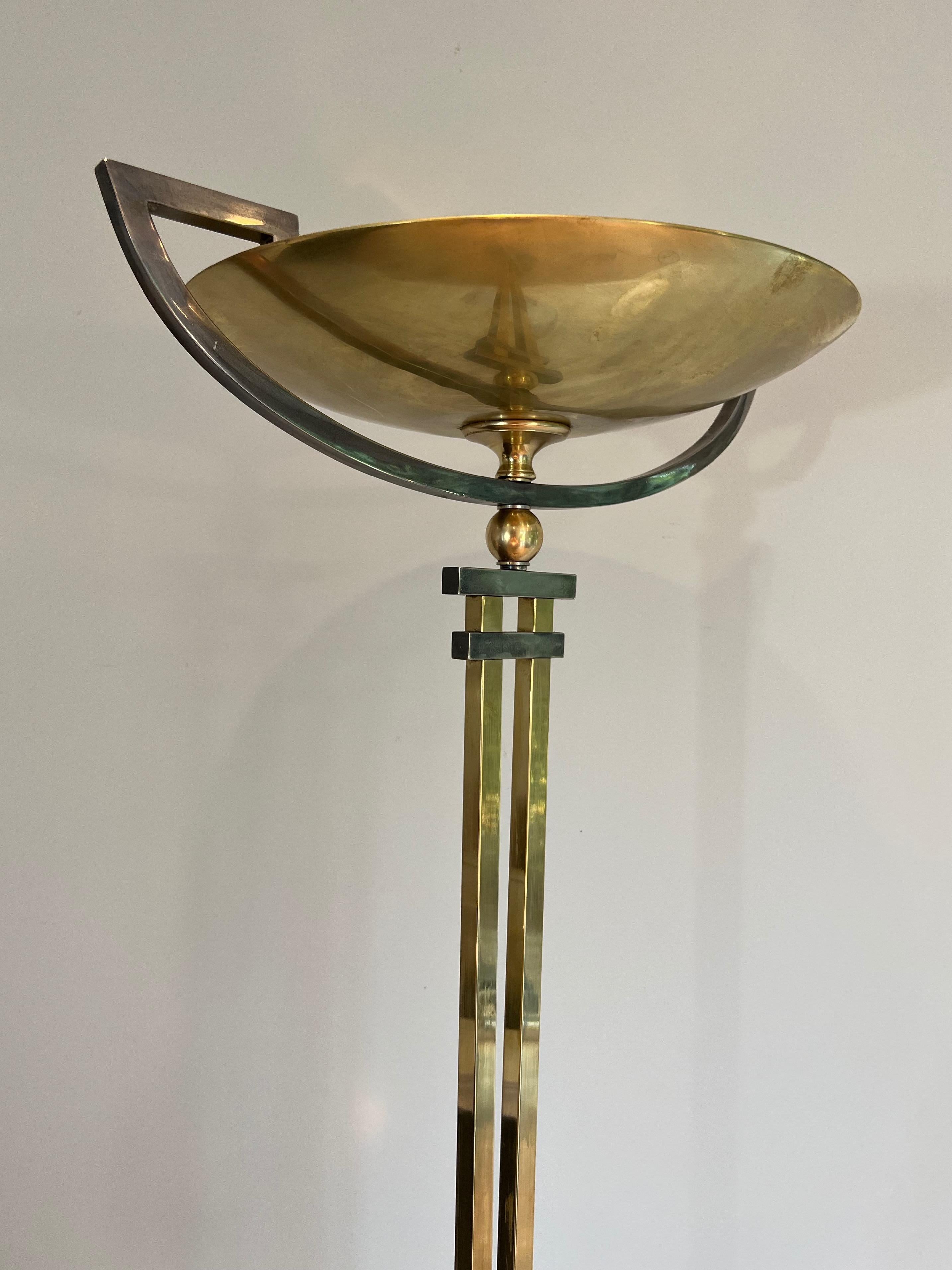 French Steel and Brass Floor Lamp on a Black Marble Base, in the Style of Jean Perzel For Sale