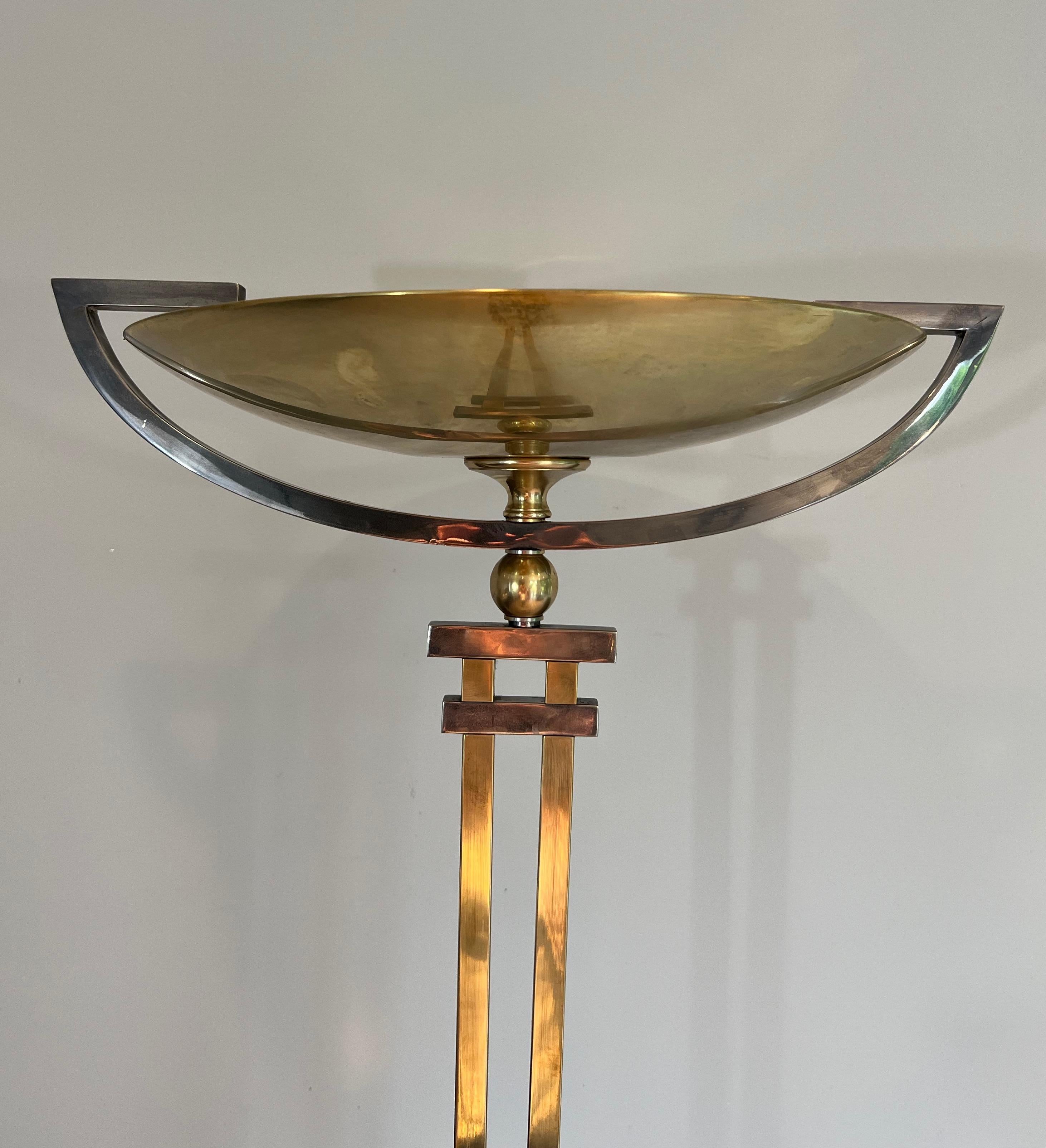 Late 20th Century Steel and Brass Floor Lamp on a Black Marble Base, in the Style of Jean Perzel For Sale