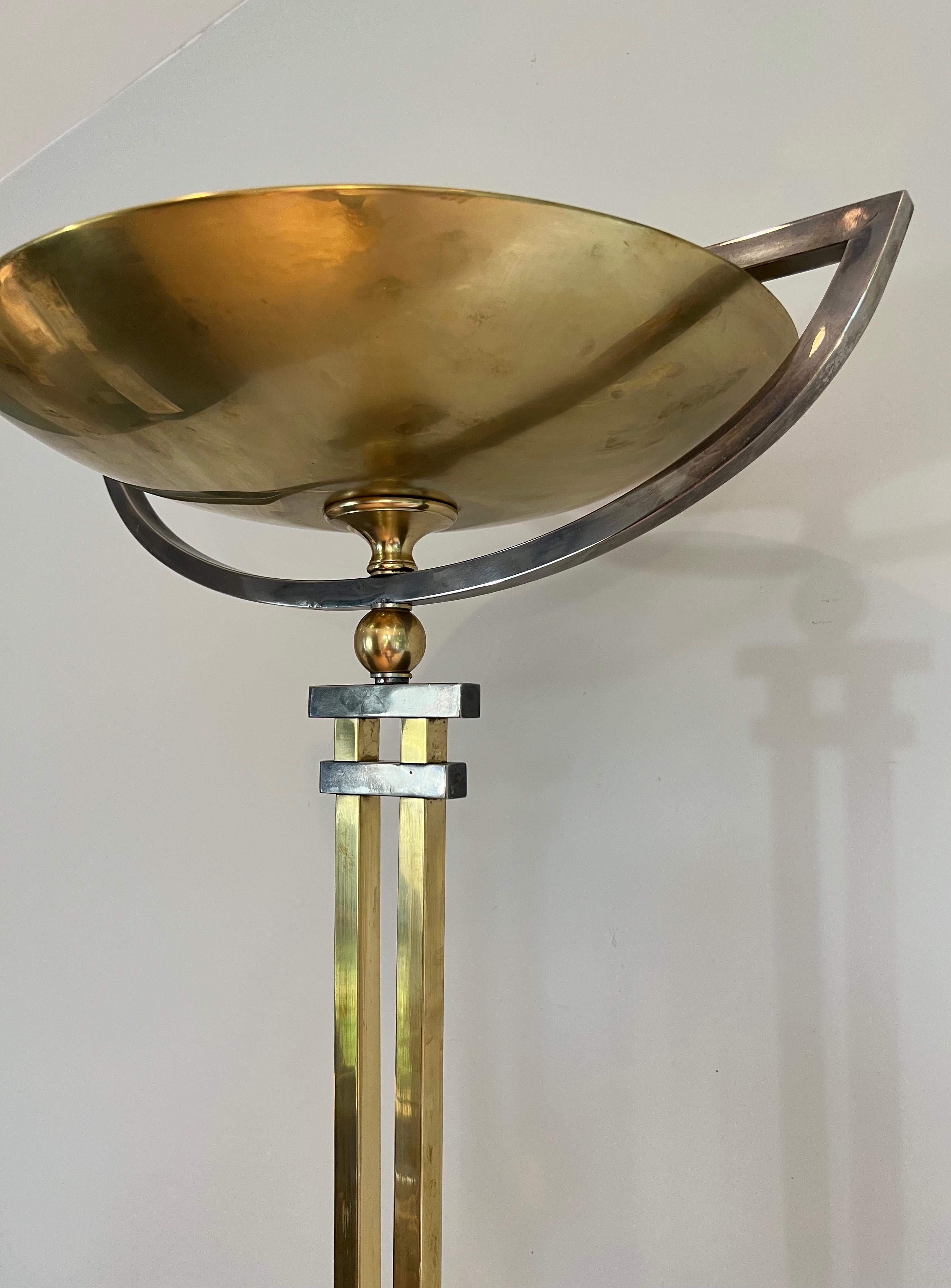 Steel and Brass Floor Lamp on a Black Marble Base, in the Style of Jean Perzel For Sale 1