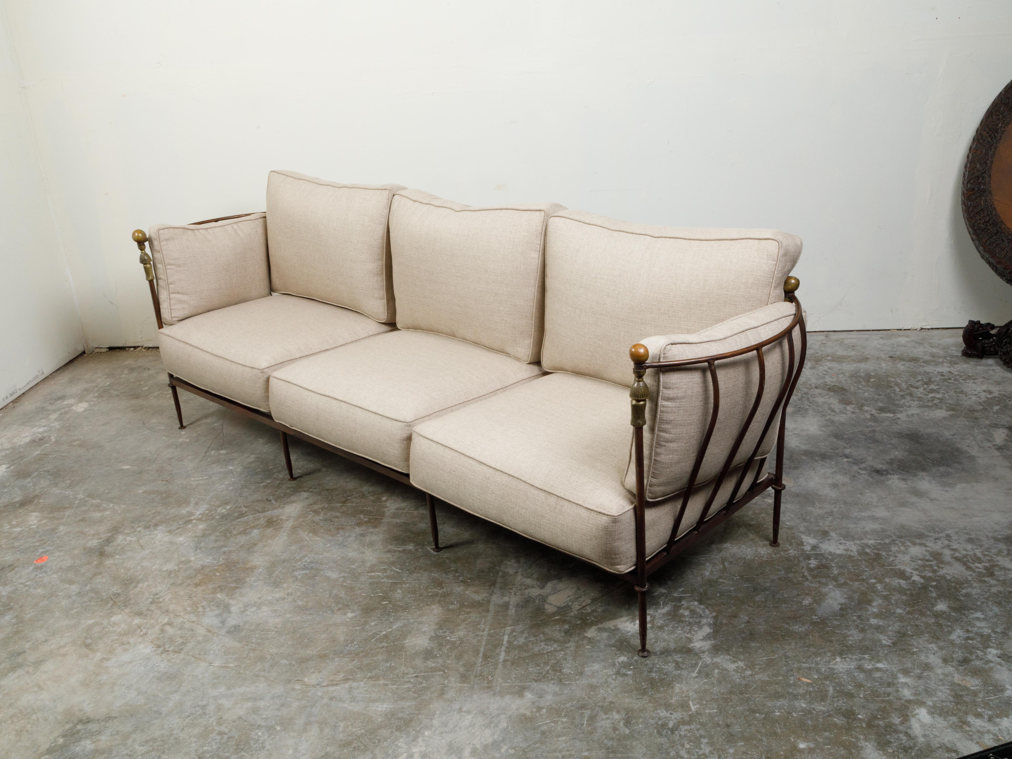 Mid-Century Modern Steel and Brass Mid-Century Michael Taylor Three-Seat Sofa with Linen Upholstery For Sale