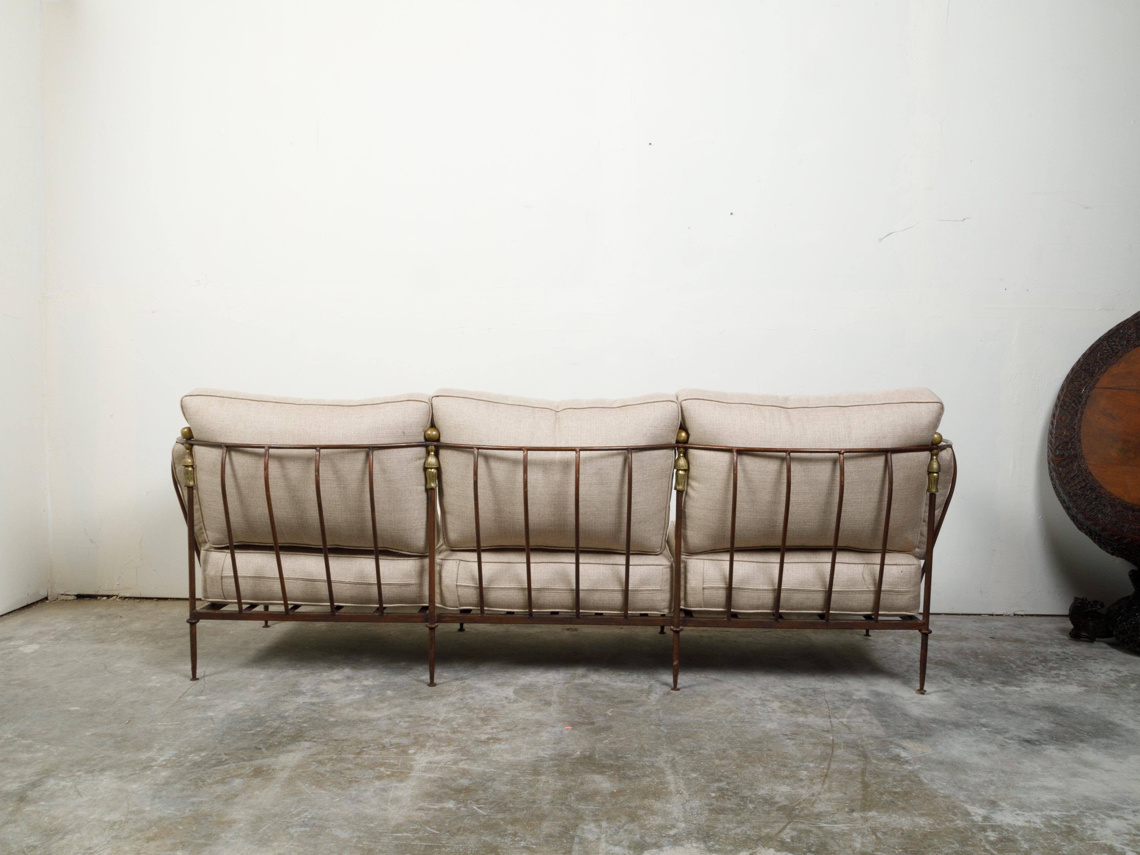 Steel and Brass Mid-Century Michael Taylor Three-Seat Sofa with Linen Upholstery In Good Condition For Sale In Atlanta, GA