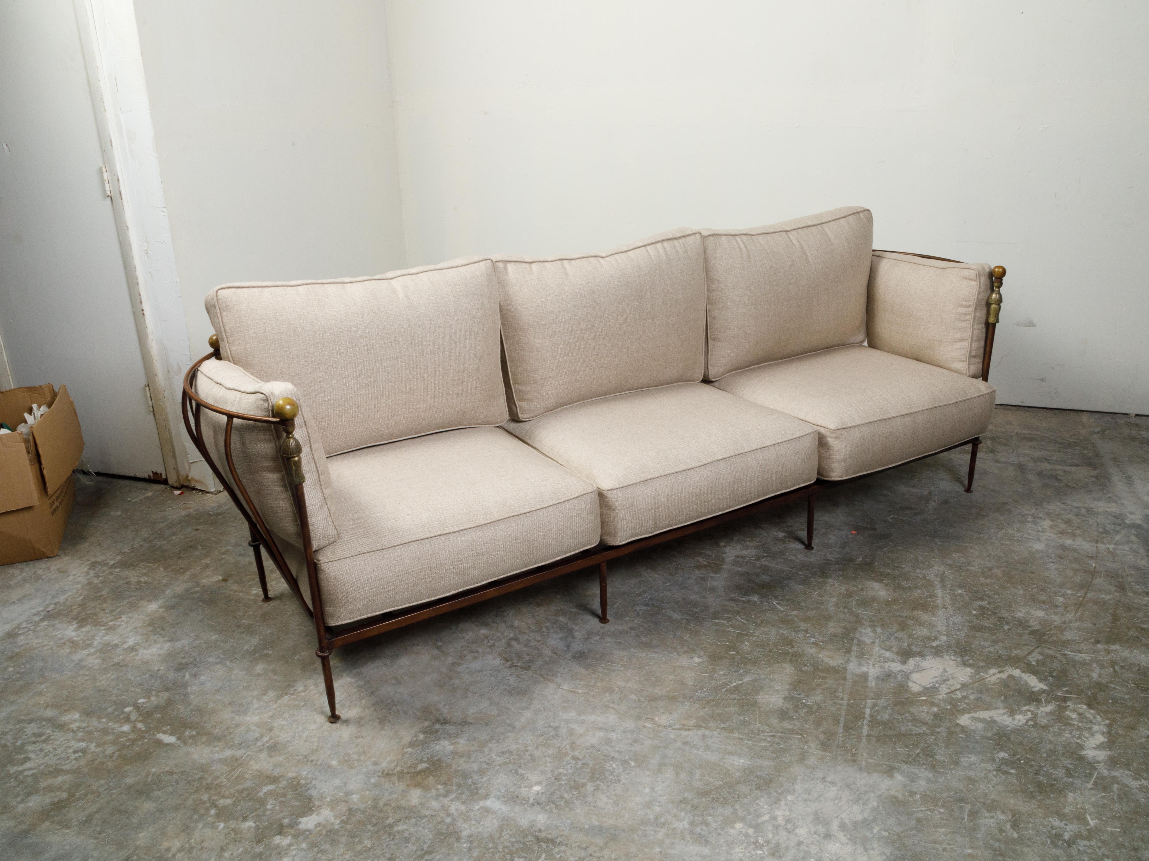 Steel and Brass Mid-Century Michael Taylor Three-Seat Sofa with Linen Upholstery For Sale 1