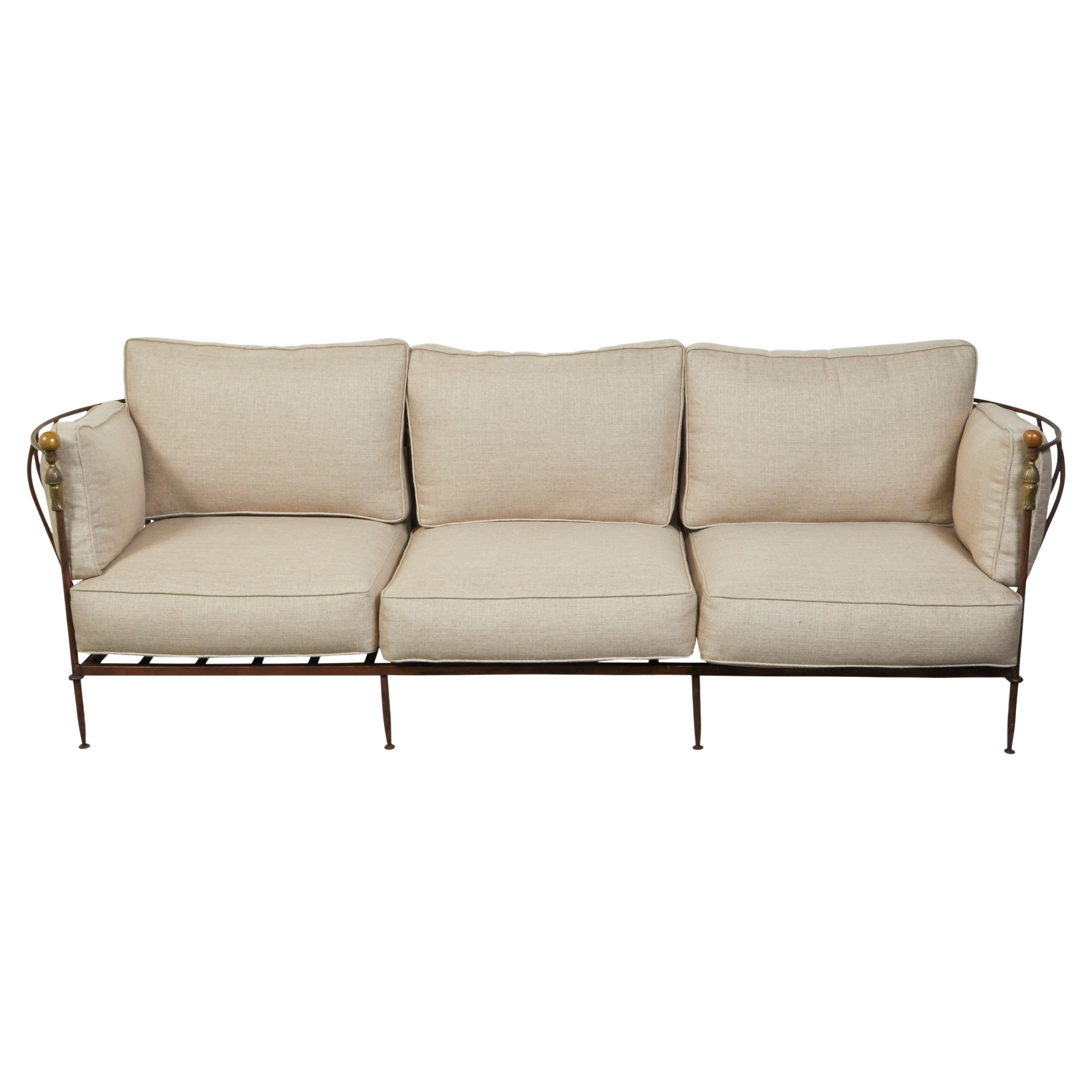 Steel and Brass Mid-Century Michael Taylor Three-Seat Sofa with Linen Upholstery For Sale