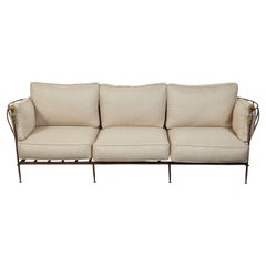 Retro Steel and Brass Mid-Century Michael Taylor Three-Seat Sofa with Linen Upholstery
