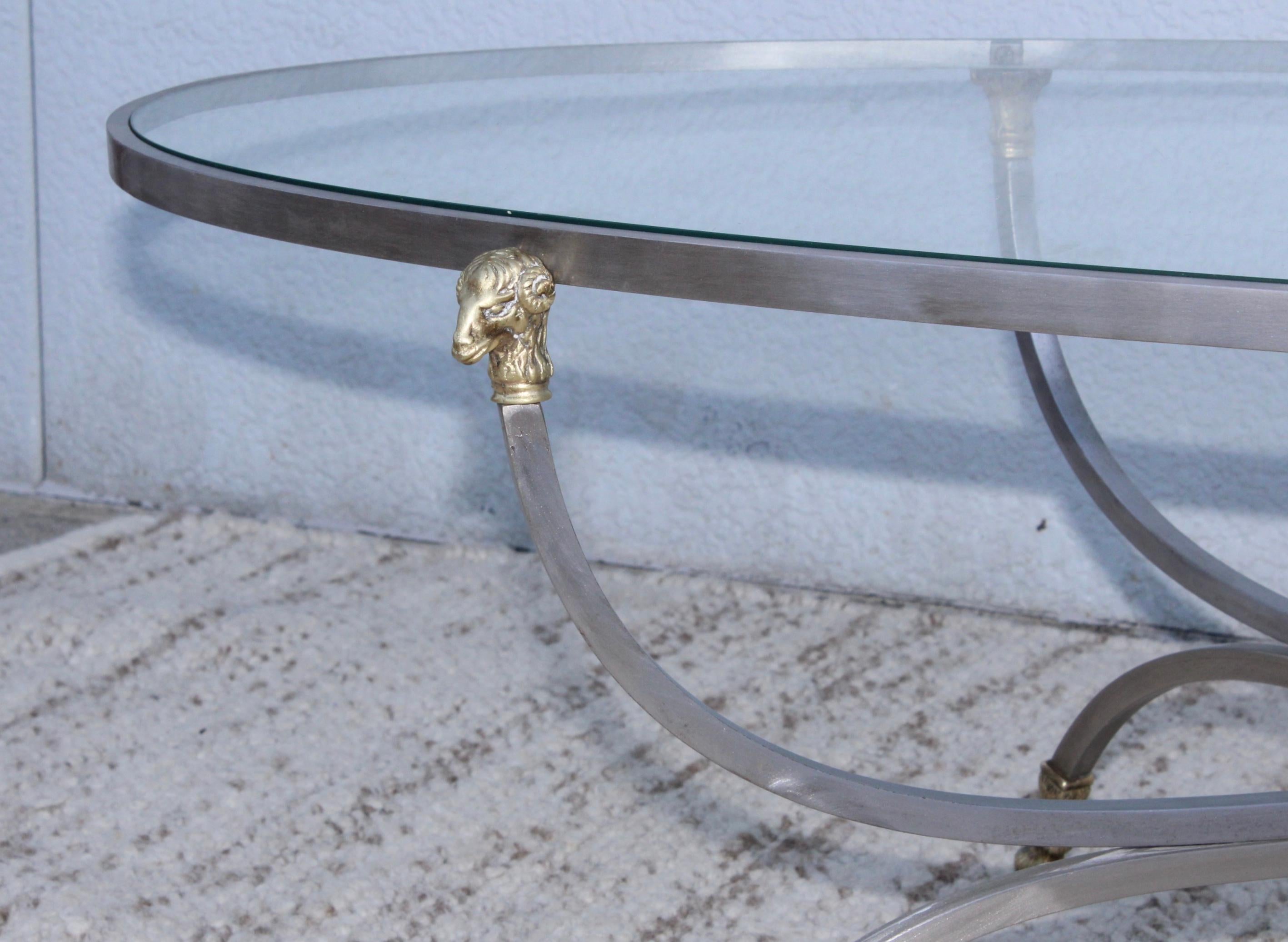 Steel and Brass Rams Head Oval Italian Coffee Table 4