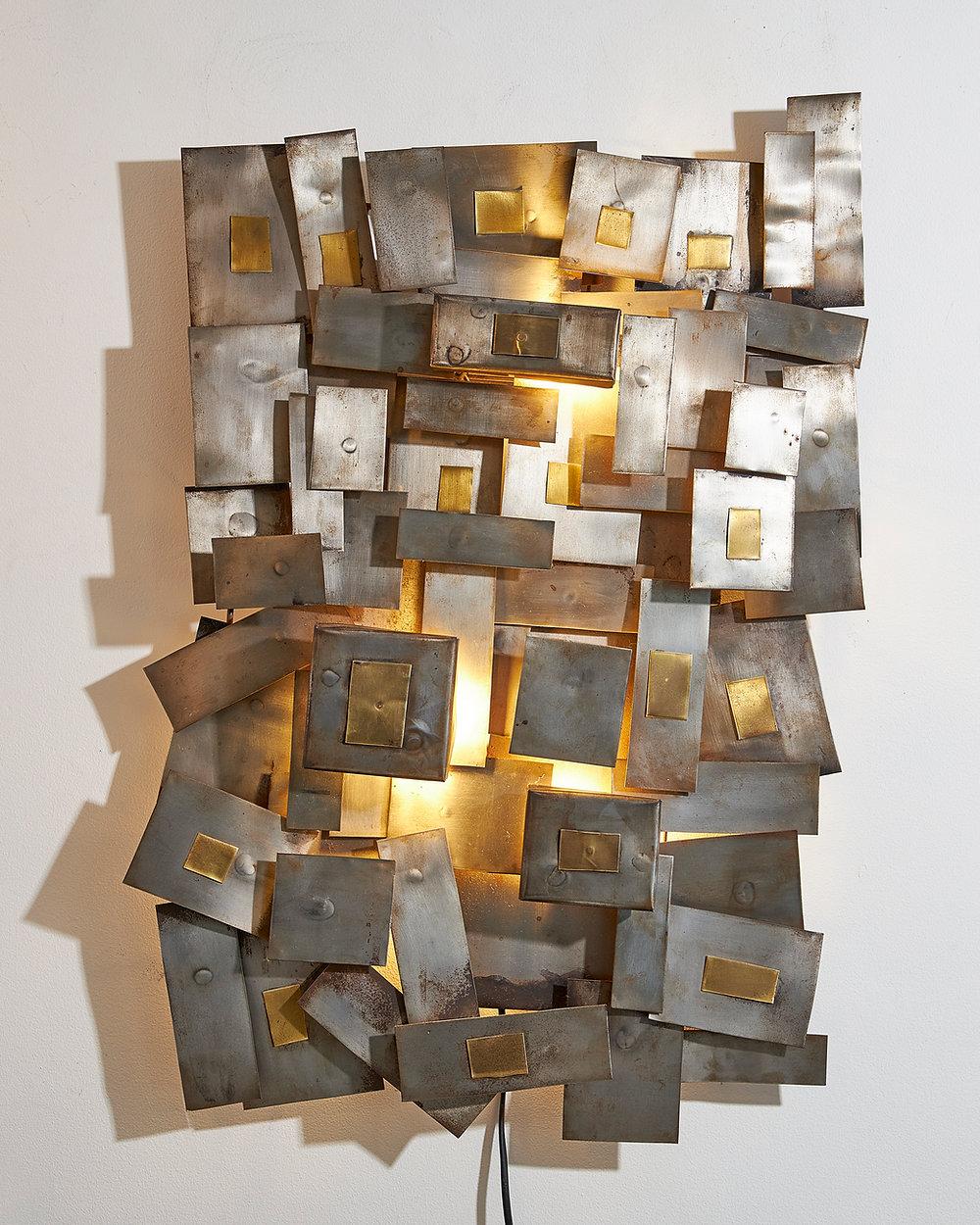 Brutalist Steel and Brass Sculpture Wall Light by Fixa, French, circa 1960s For Sale