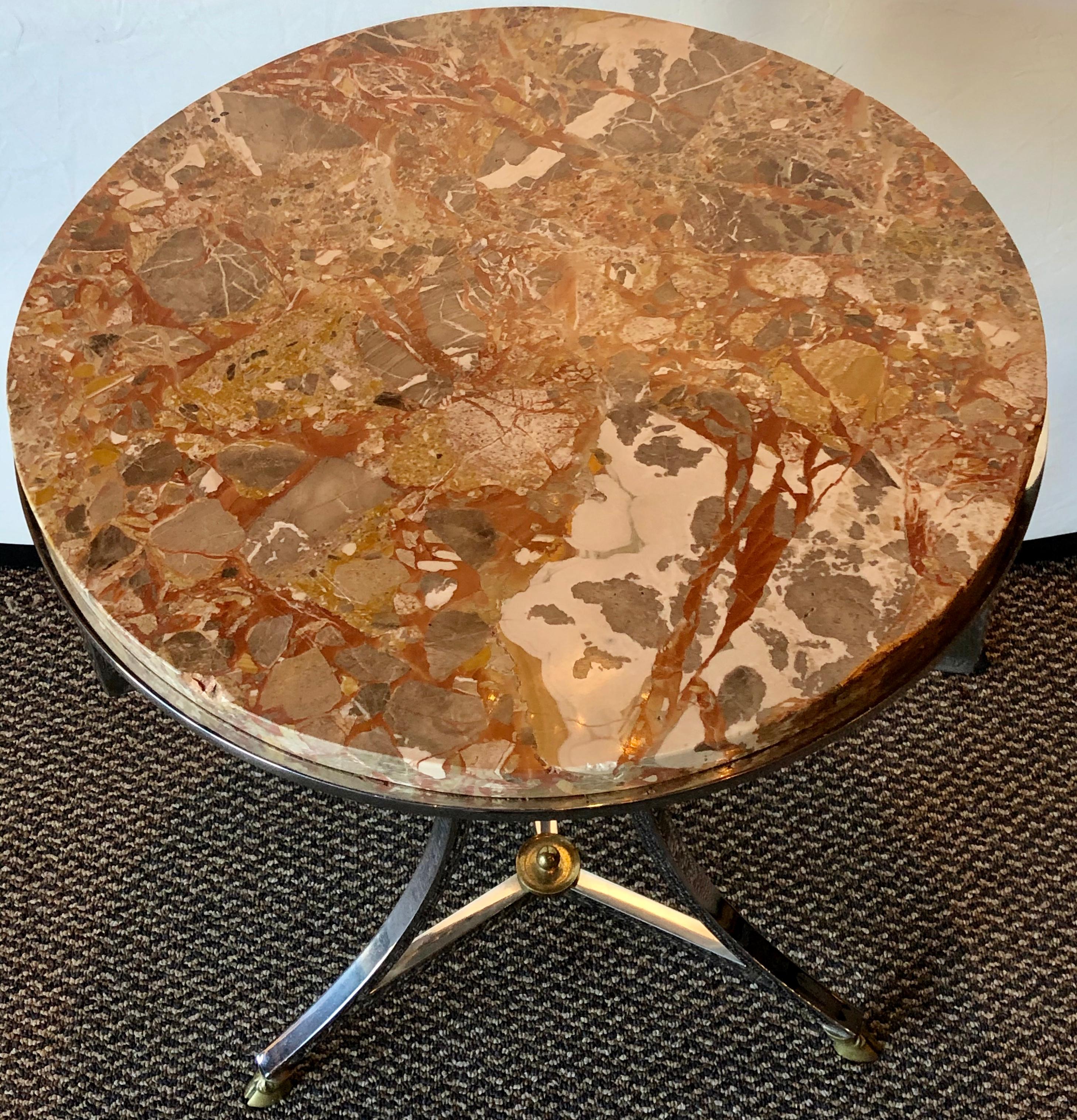 Hollywood Regency Steel and Bronze Jansen Claw Foot Bouilliotte or End Table with a Marble Top