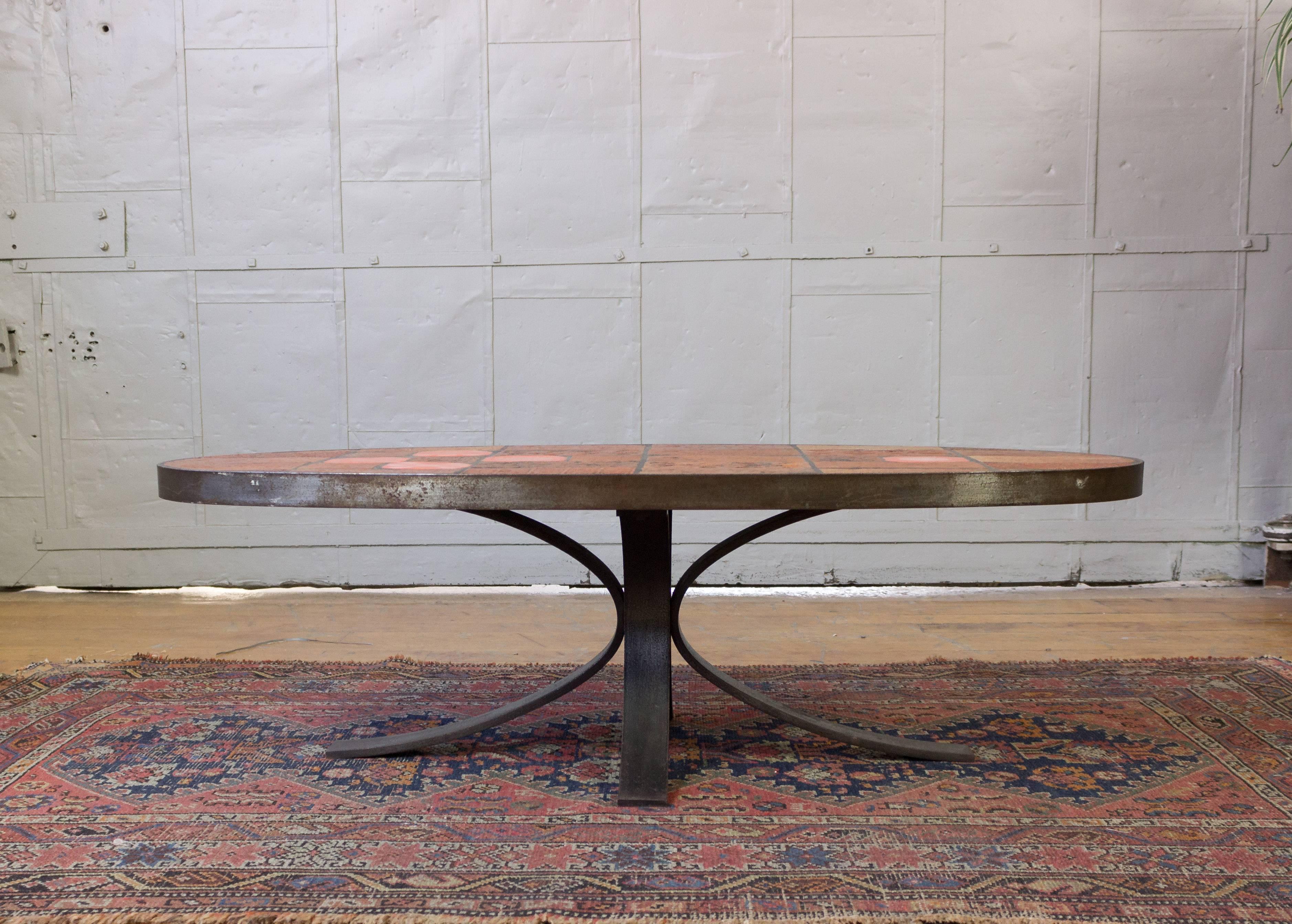 French 1960s oval steel coffee table with ceramic tiles (possibly Vallauris). Very good vintage condition.

Ref #: CT0902-04

Dimensions: 13
