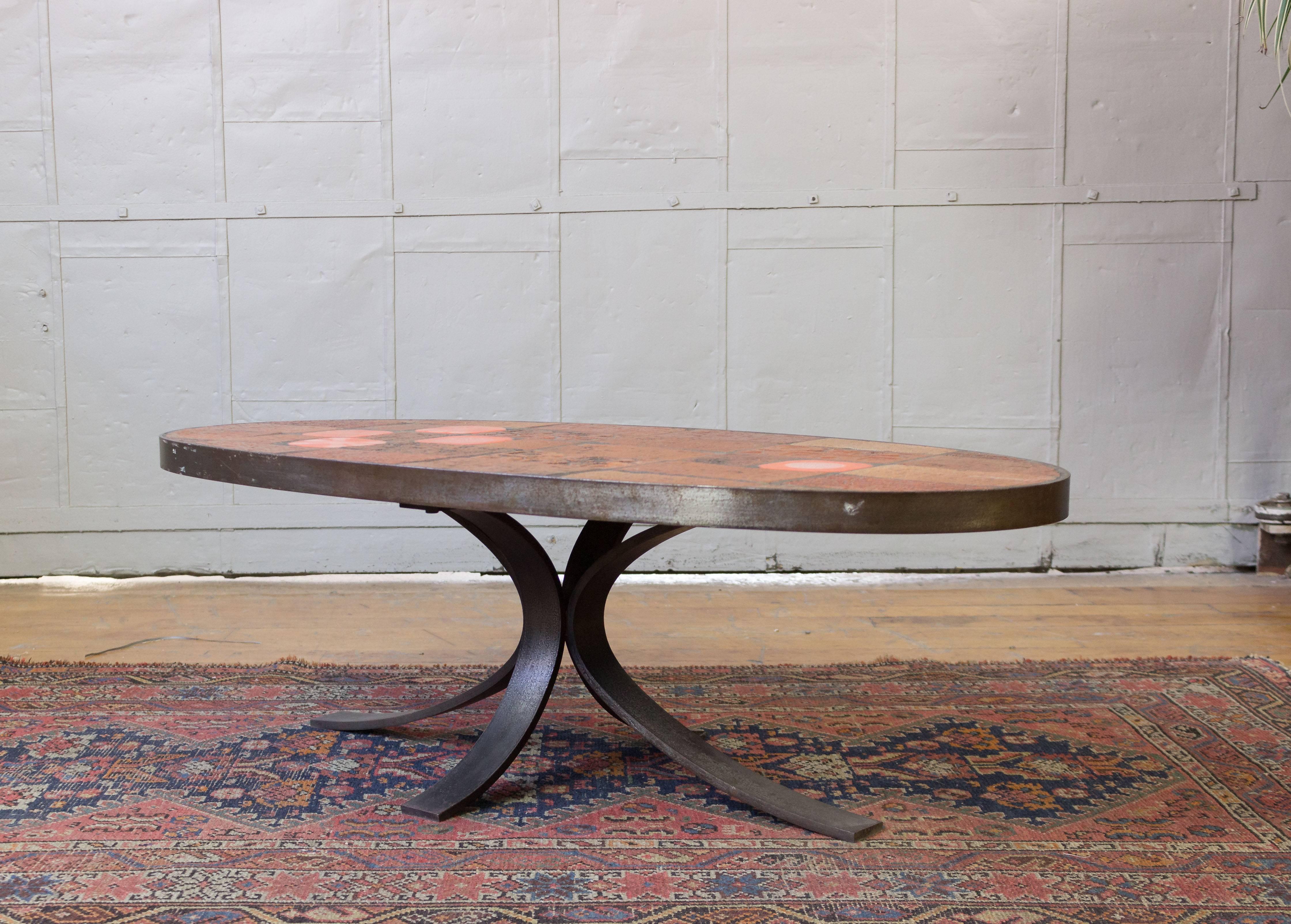 French Steel and Ceramic Tile Oval Coffee Table
