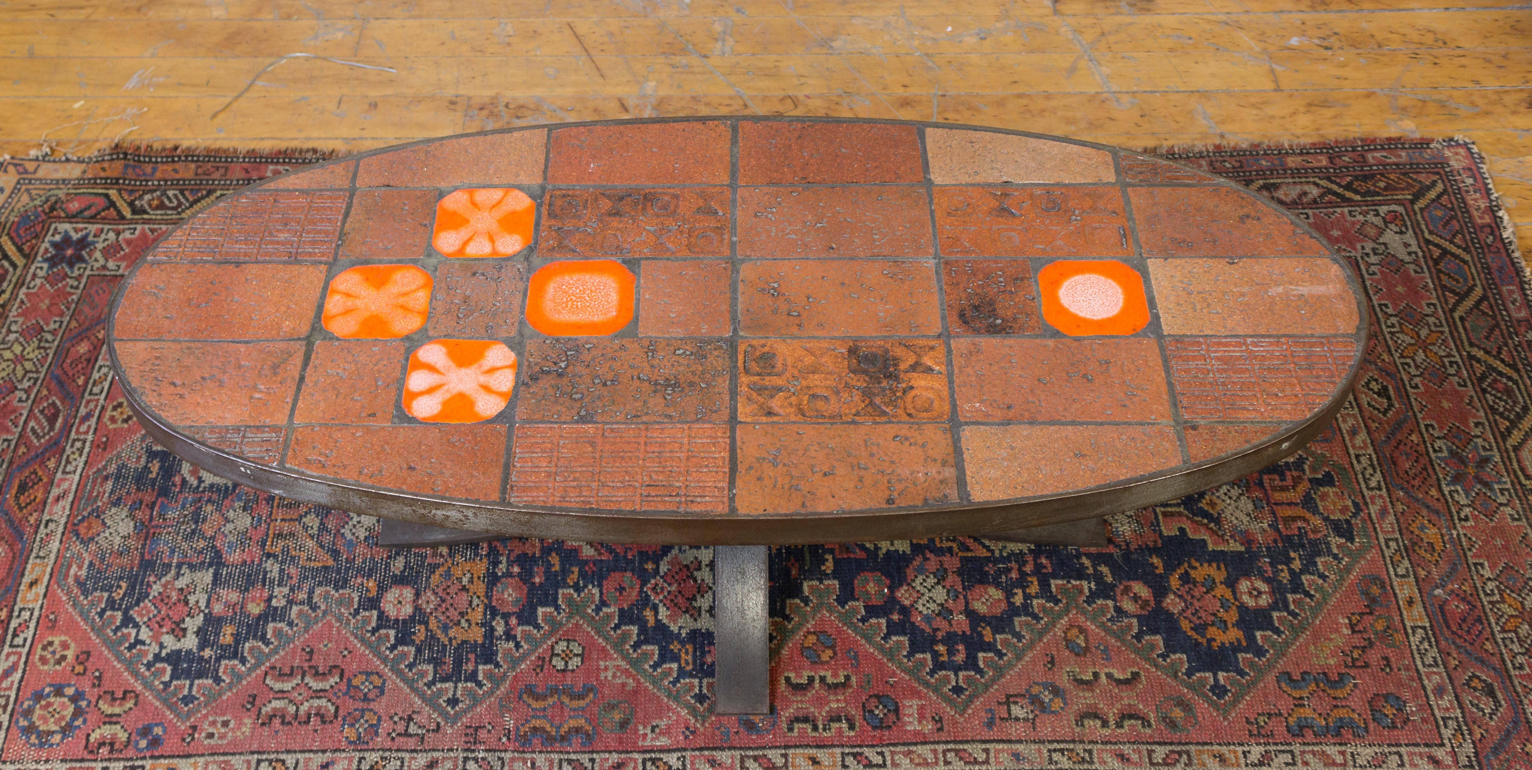 Mid-20th Century Steel and Ceramic Tile Oval Coffee Table