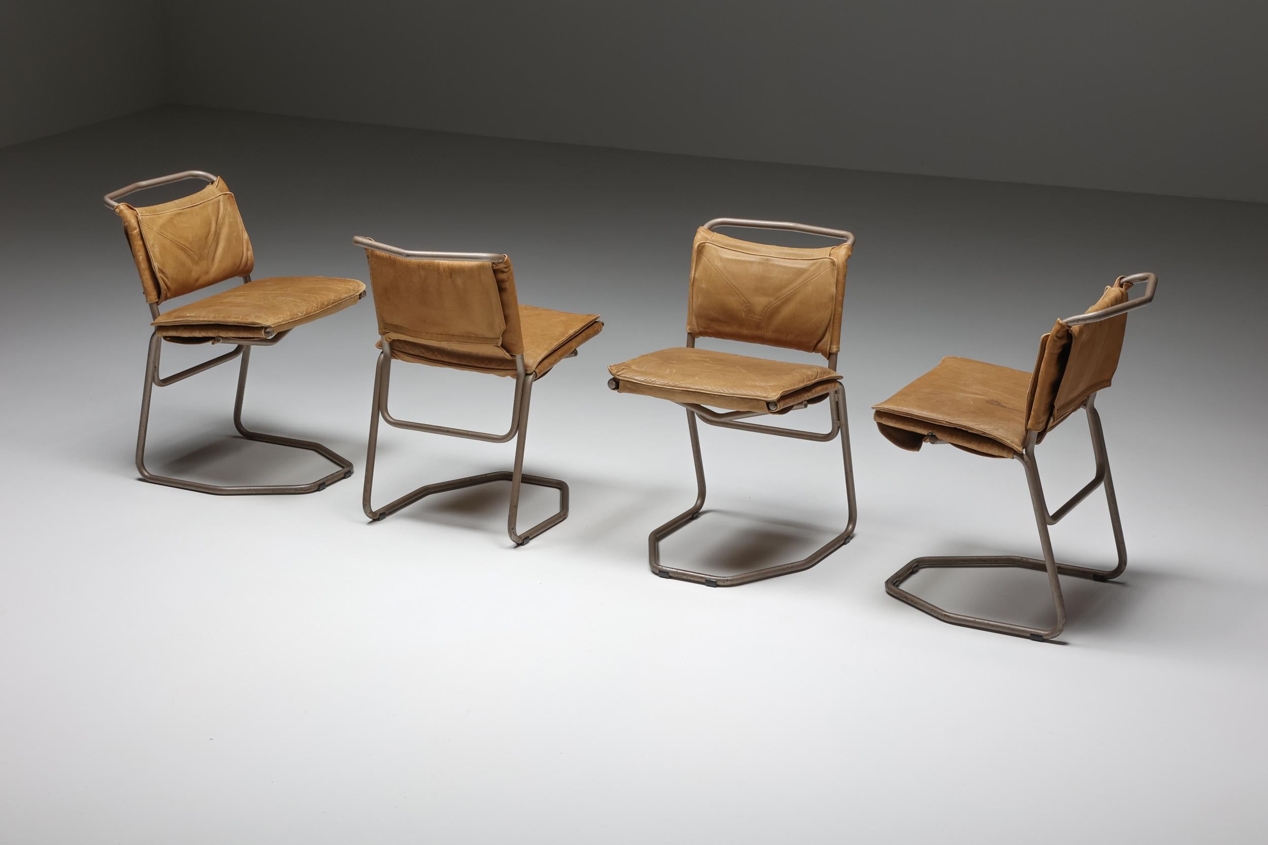 Mid-Century Modern Steel and Cognac Dining Chairs by Raymond Rombouts, Belgium, 20th Century For Sale