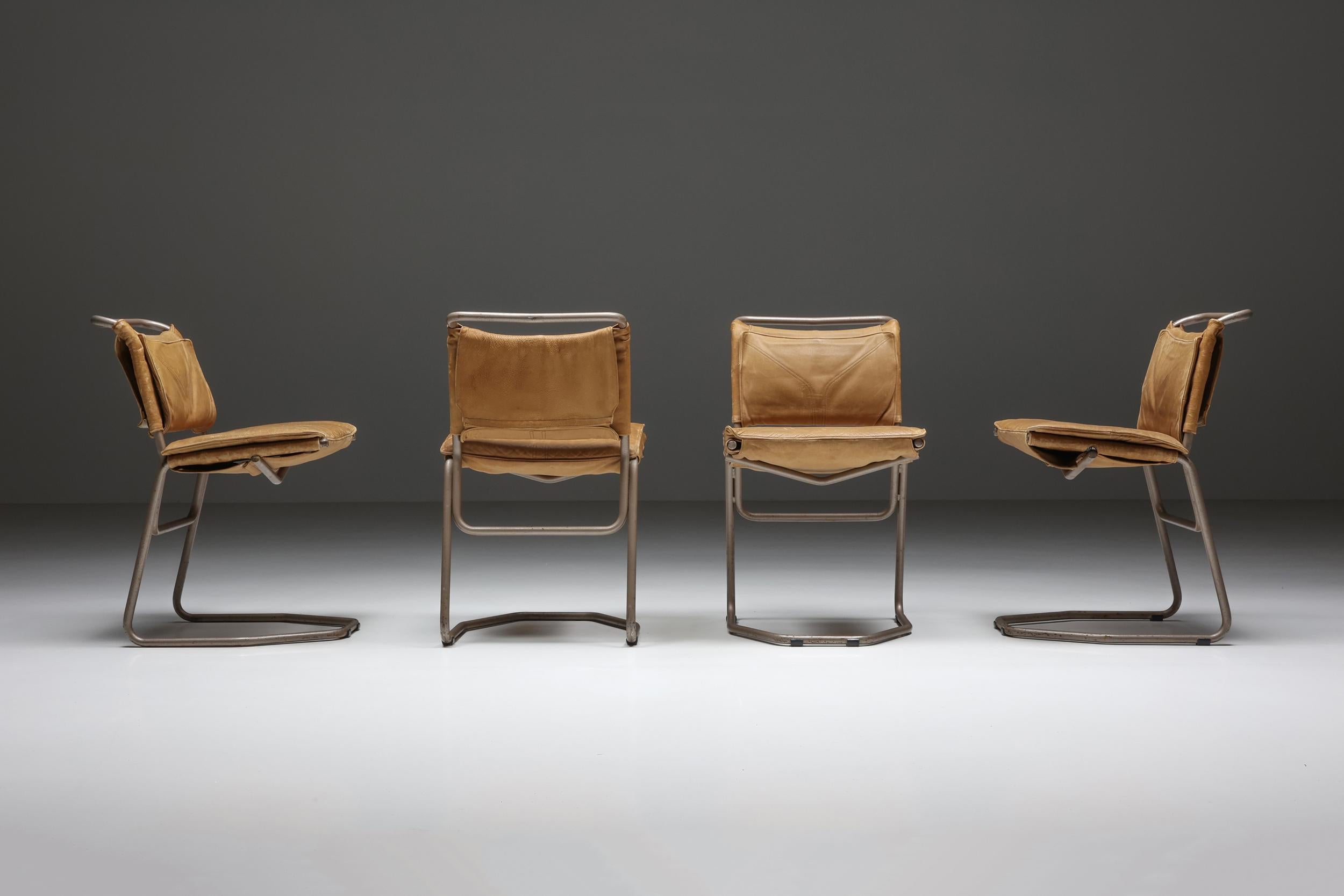 Belgian Steel and Cognac Dining Chairs by Raymond Rombouts, Belgium, 20th Century For Sale