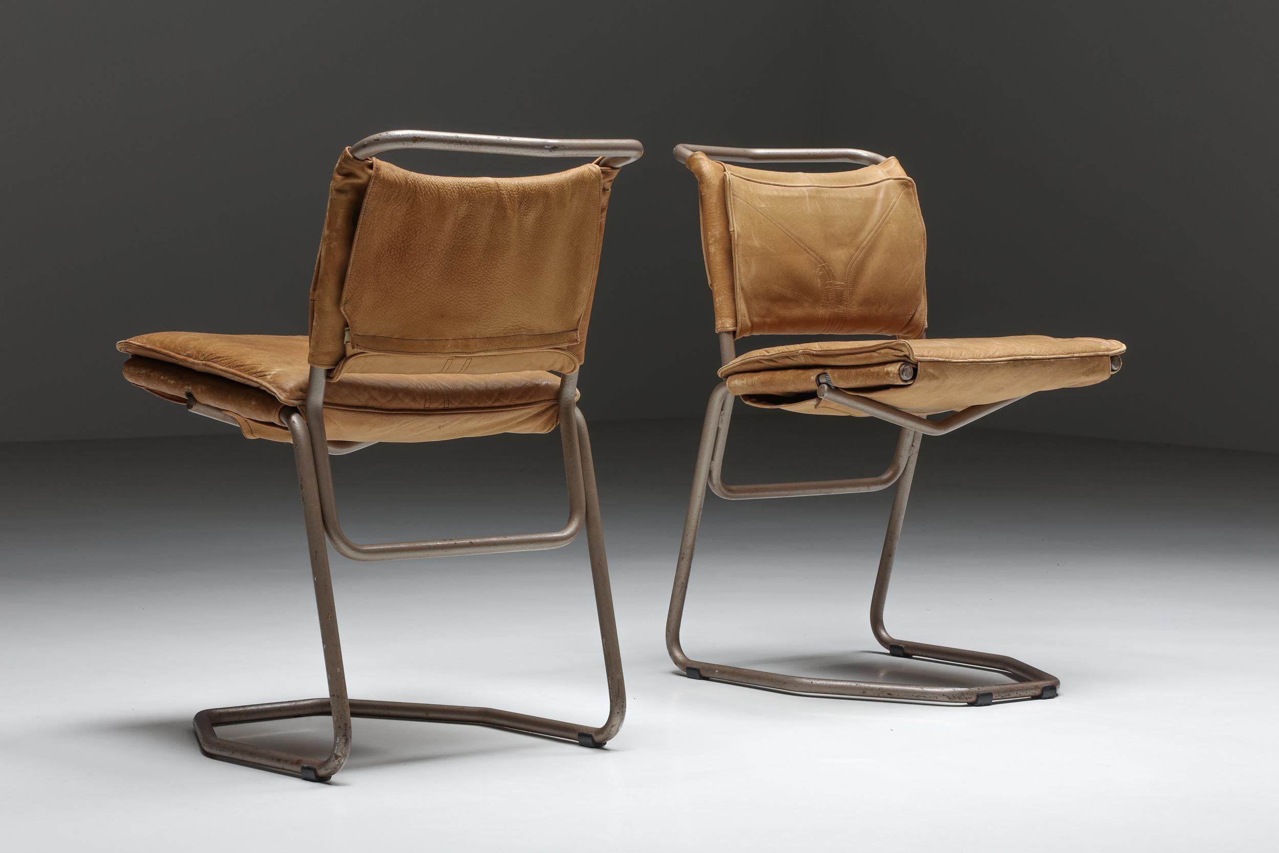 Steel and Cognac Dining Chairs by Raymond Rombouts, Belgium, 20th Century In Excellent Condition For Sale In Antwerp, BE