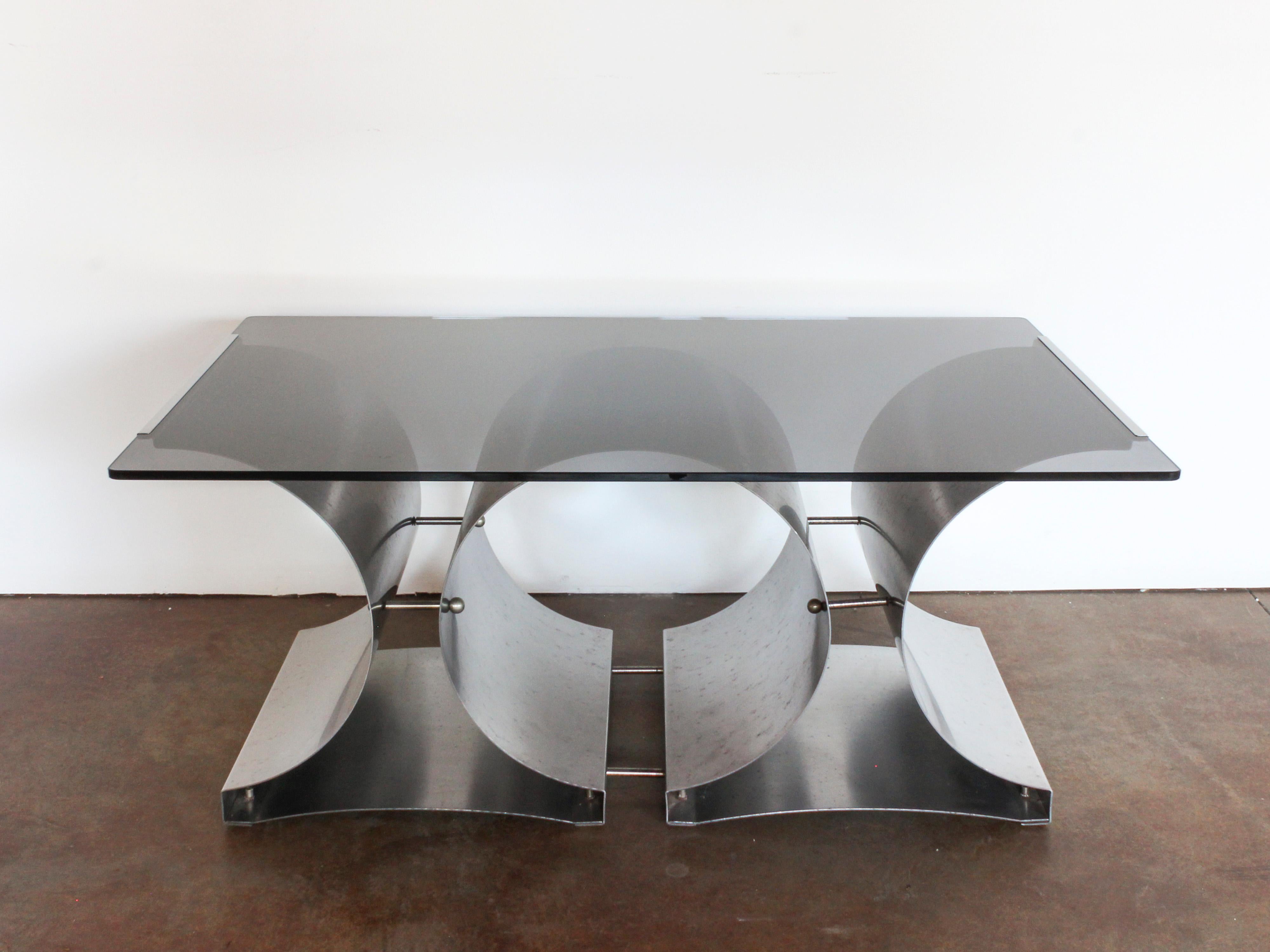 Curved steel and smoked glass coffee table by Francois Monnet for Kappa, French c. 1970. Original smoked glass top has rounded corners.