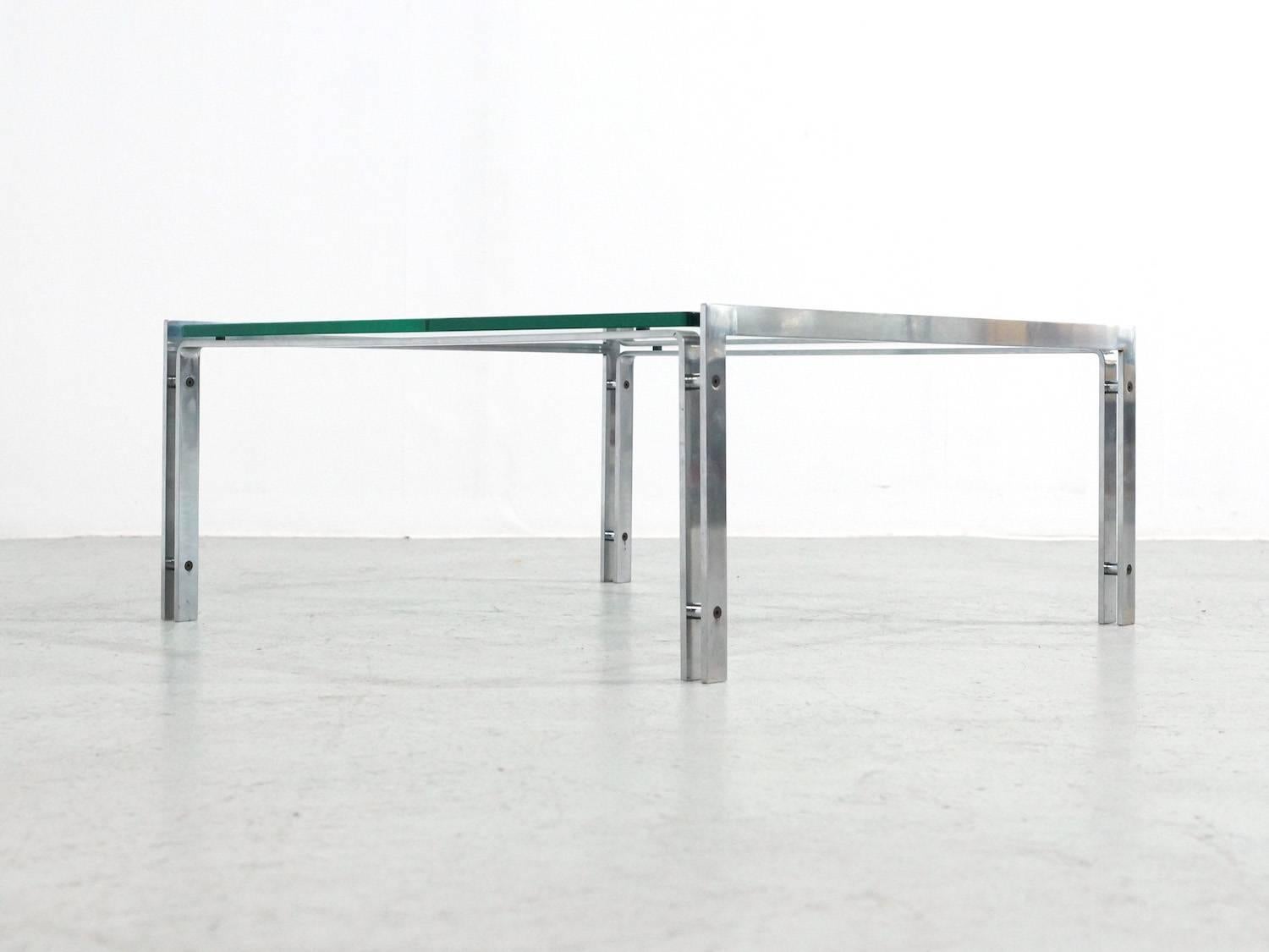 Metaform – M1 coffee table with stainless steel frame and thick glass table top. Glass is in perfect condition and has nearly no user marks, so overall in very good condition. Metaform is a Dutch design furniture company, since 1964. This M1 table