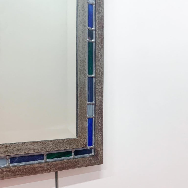 Steel and Leaded / Stained Glass Framed Wall Mirror British, C2000