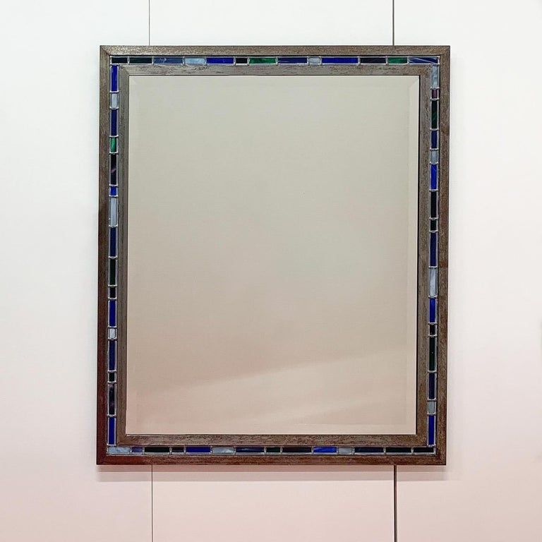 Steel and Leaded / Stained Glass Framed Wall Mirror British, C2000