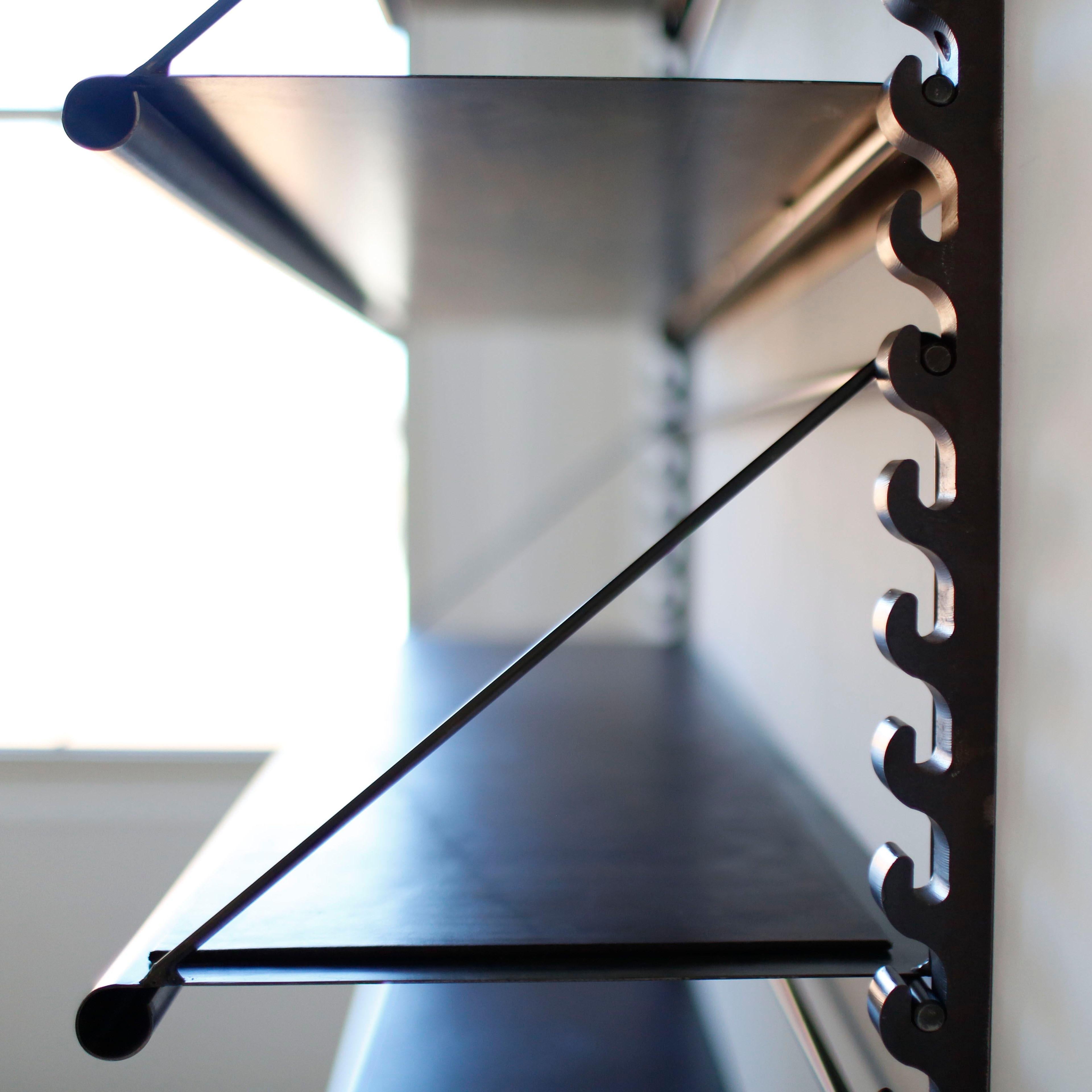Industrial Steel and Leather Adjustable Library Shelving For Sale