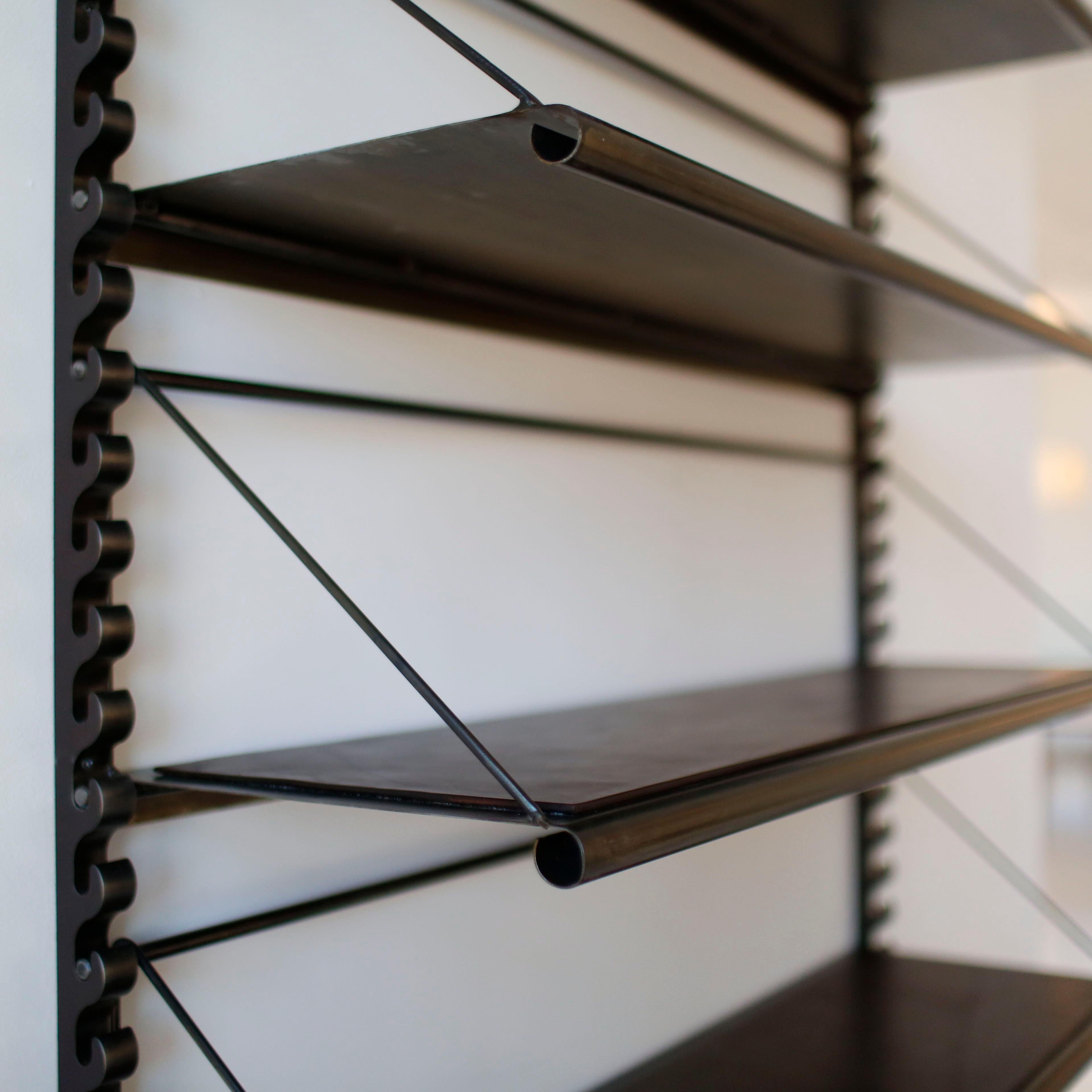 Brushed Steel and Leather Adjustable Library Shelving For Sale