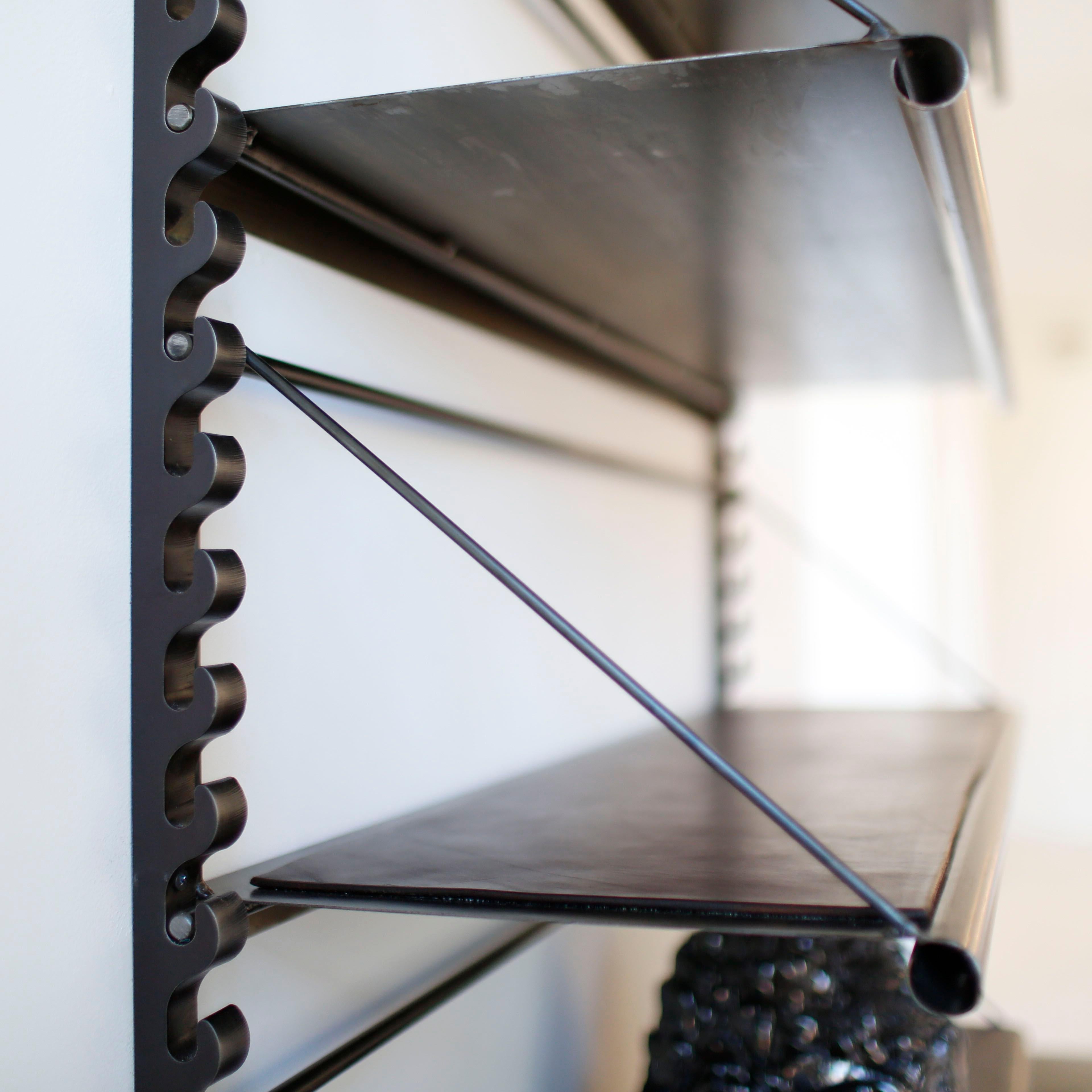 Steel and Leather Adjustable Library Shelving In New Condition For Sale In Jefferson, NY