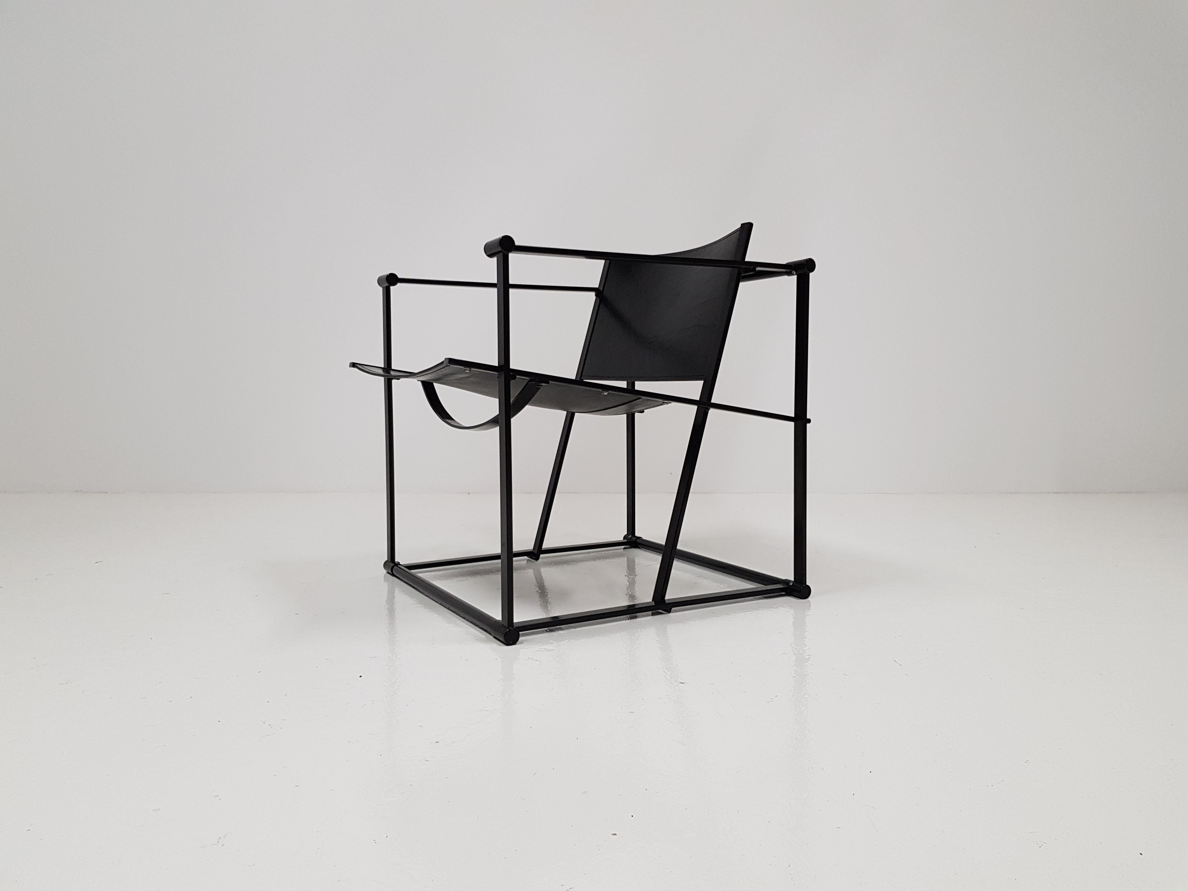 A steel and leather FM62 chair by Radboud Van Beekum for Pastoe, Netherlands, 1980s.

Constructed from geometrically folded steel with bent ply seating. Inspired by the designs of Gerrit Rietveld and following the traditions of the De Stijl