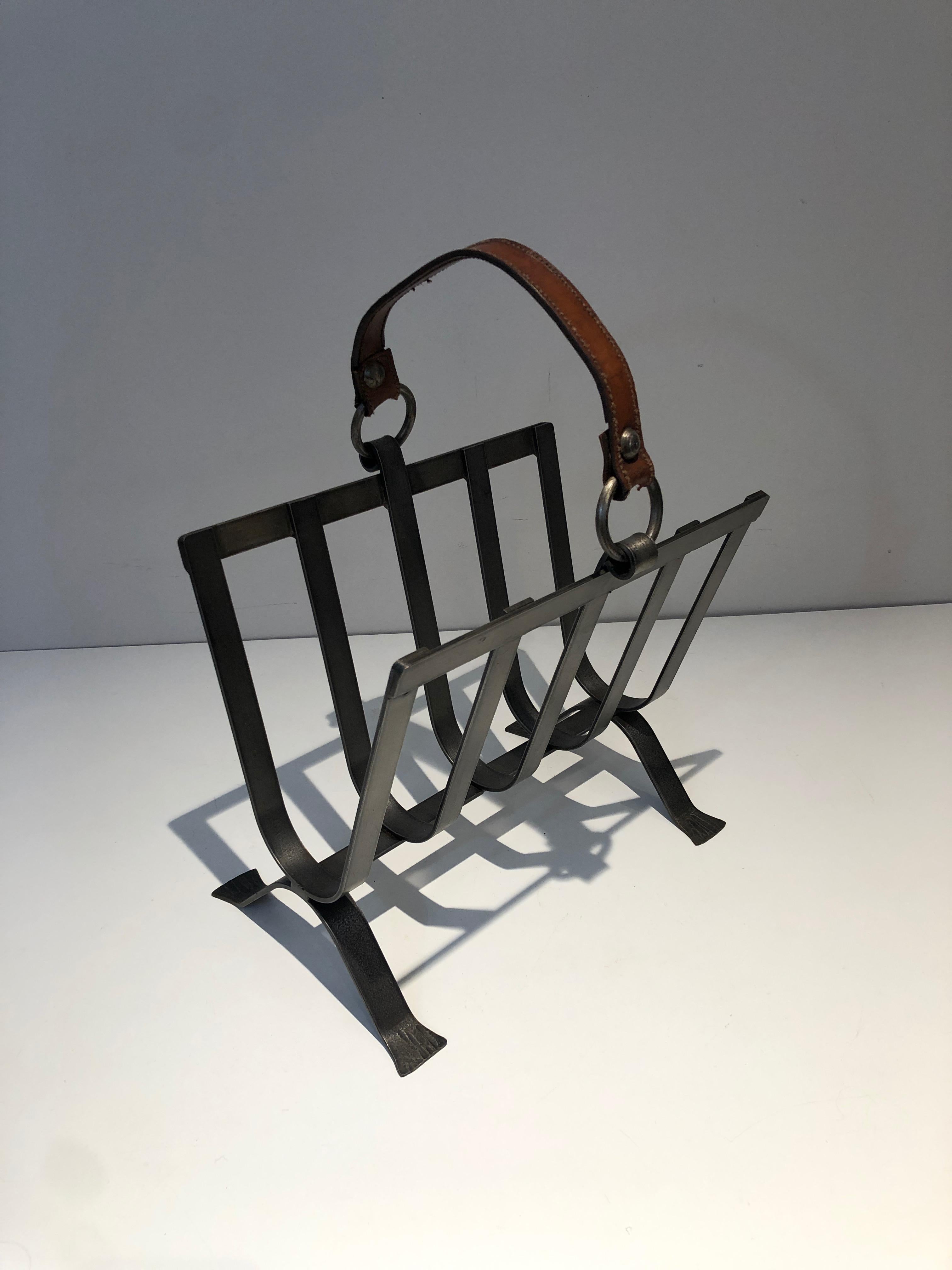 Steel and Leather Magazine Rack, French Work in the Style of Jacques Adnet For Sale 6
