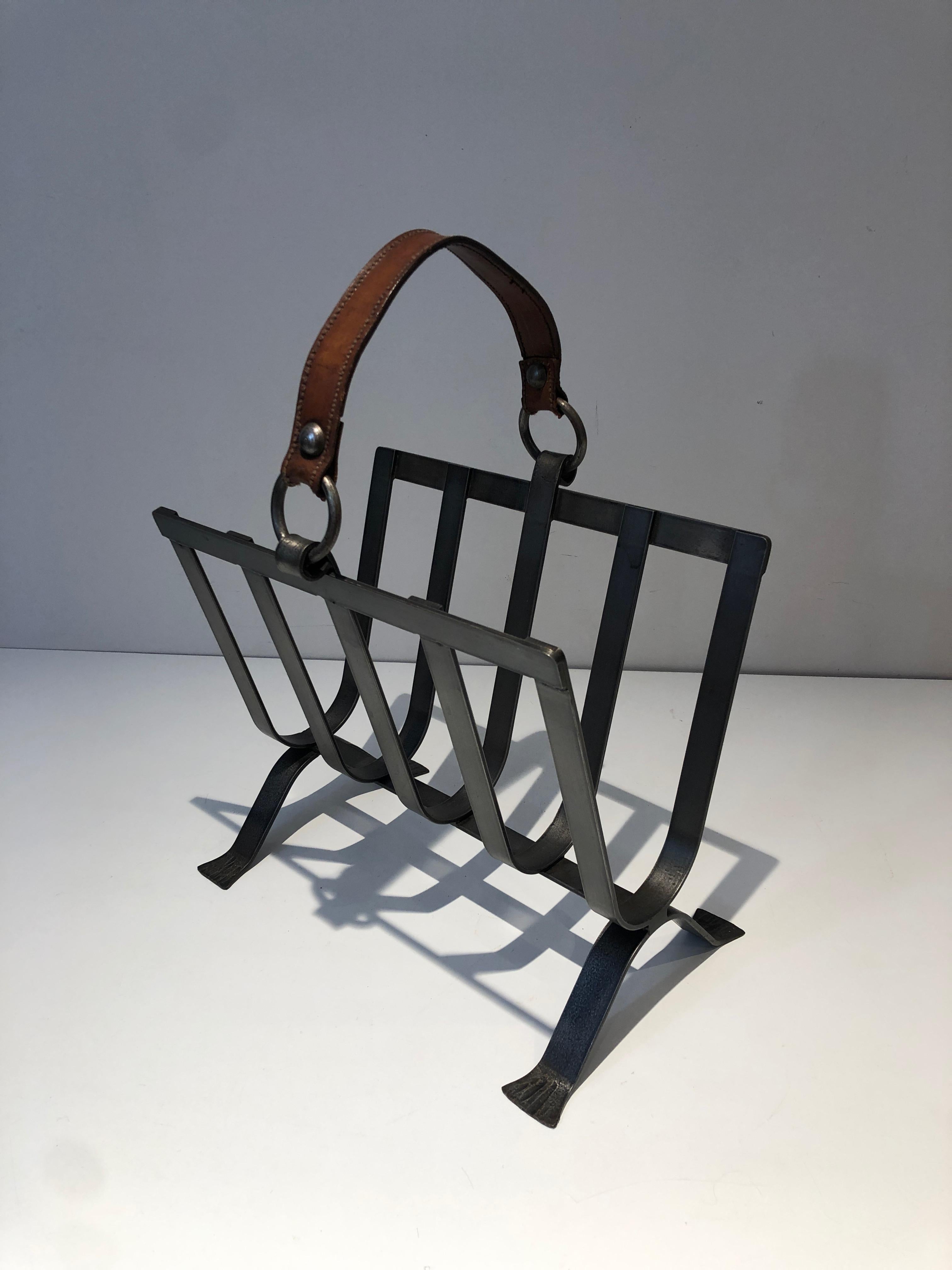 Steel and Leather Magazine Rack, French Work in the Style of Jacques Adnet For Sale 7