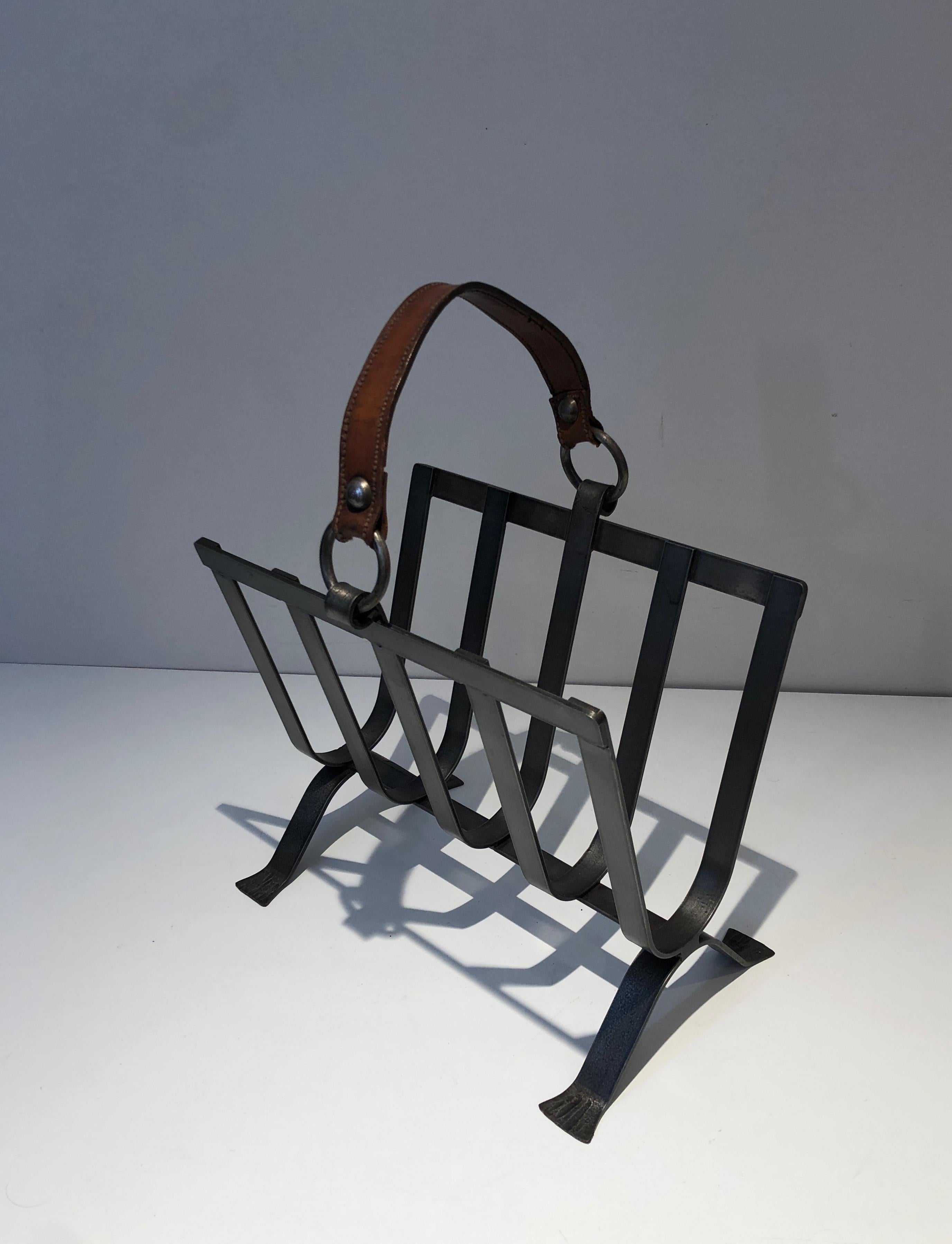 Steel and Leather Magazine Rack, French Work in the Style of Jacques Adnet For Sale 8