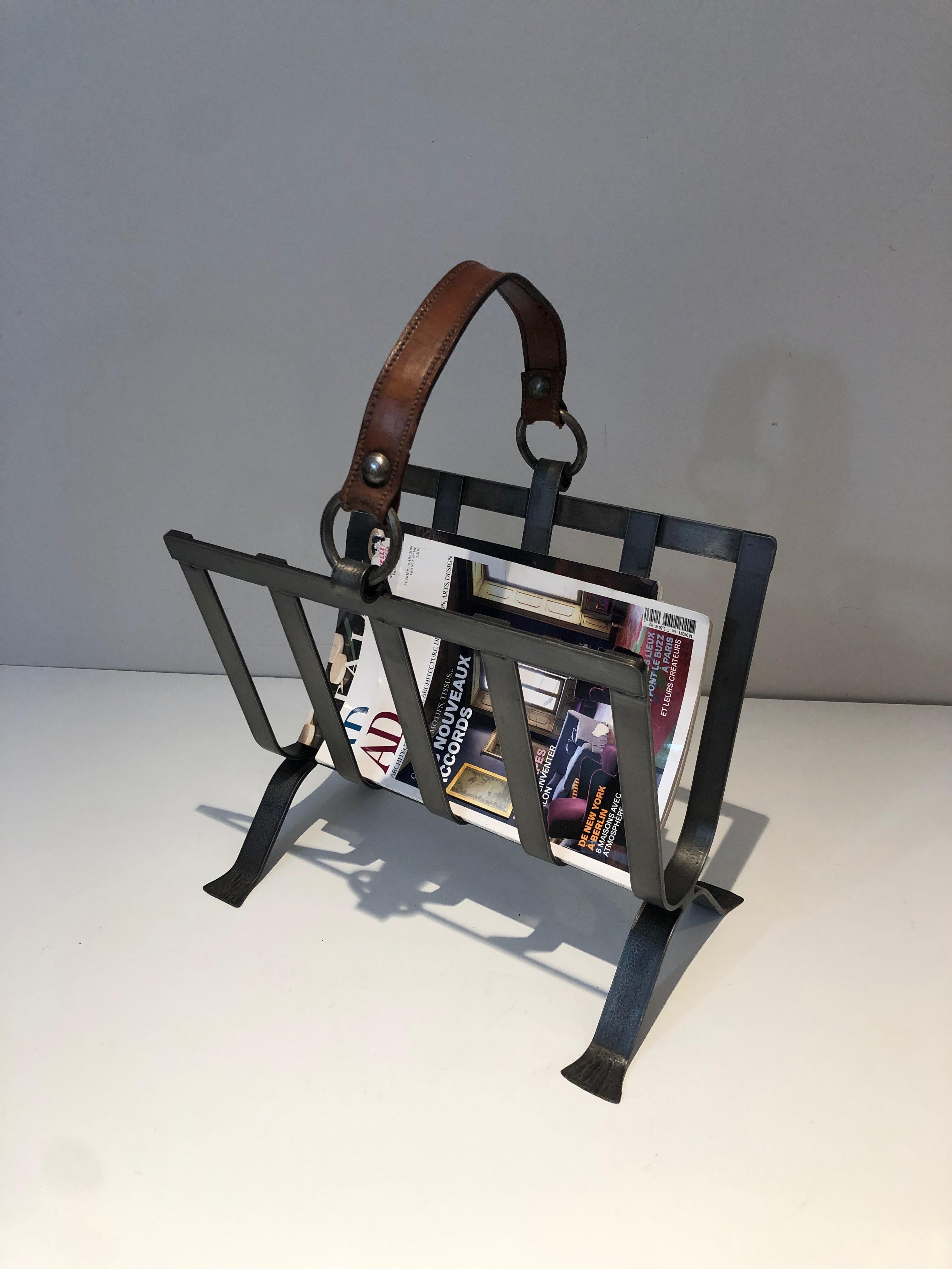 Steel and Leather Magazine Rack, French Work in the Style of Jacques Adnet For Sale 9